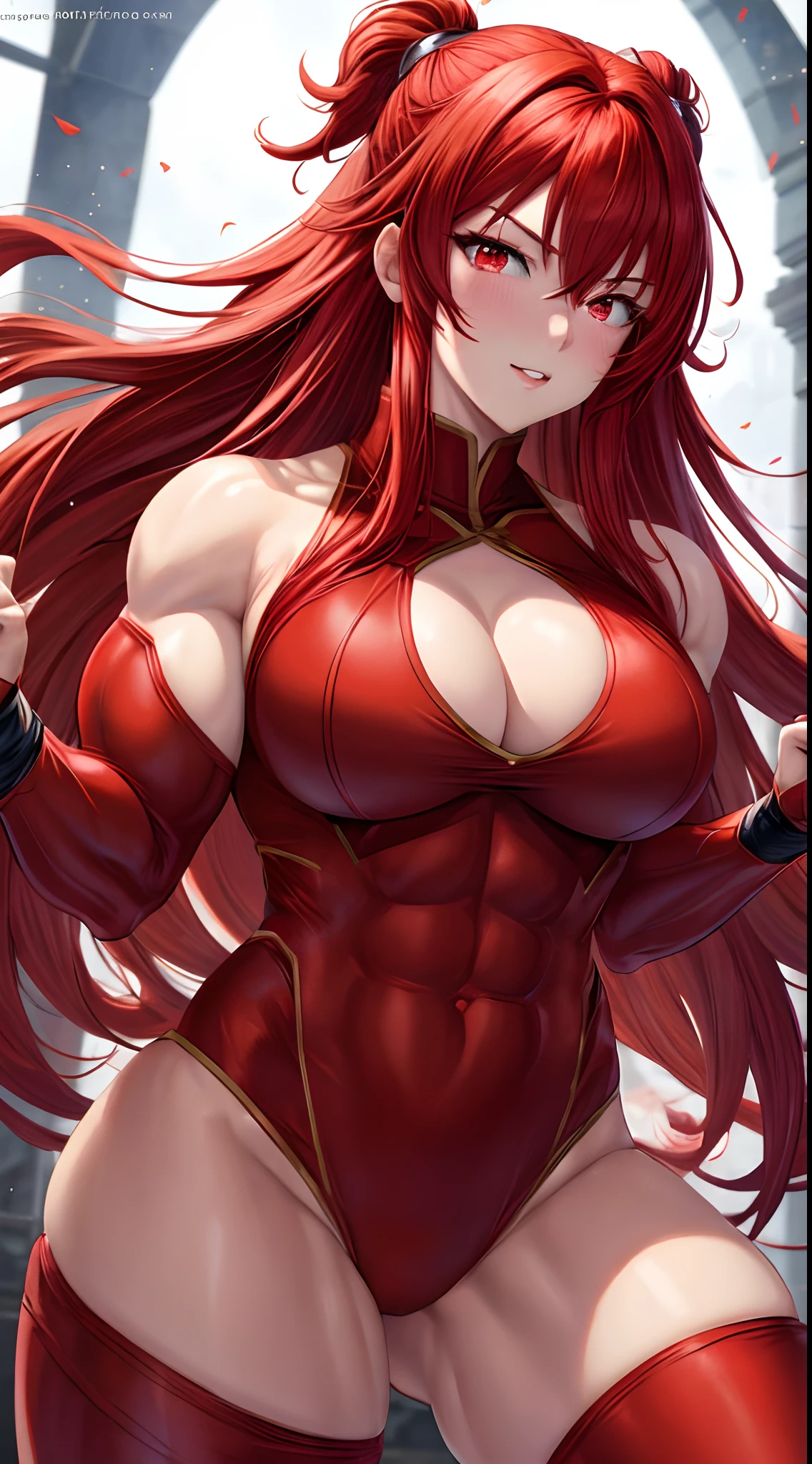 Attractive red hair and red eyes female superhero wearing wrestler costume, high strength, fury, big muscle, beauty and charming, anime art style, fantasy.