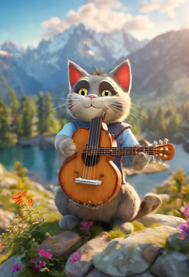 Make a backpacking cat playing the banjo in a landscape of the Swiss Alps