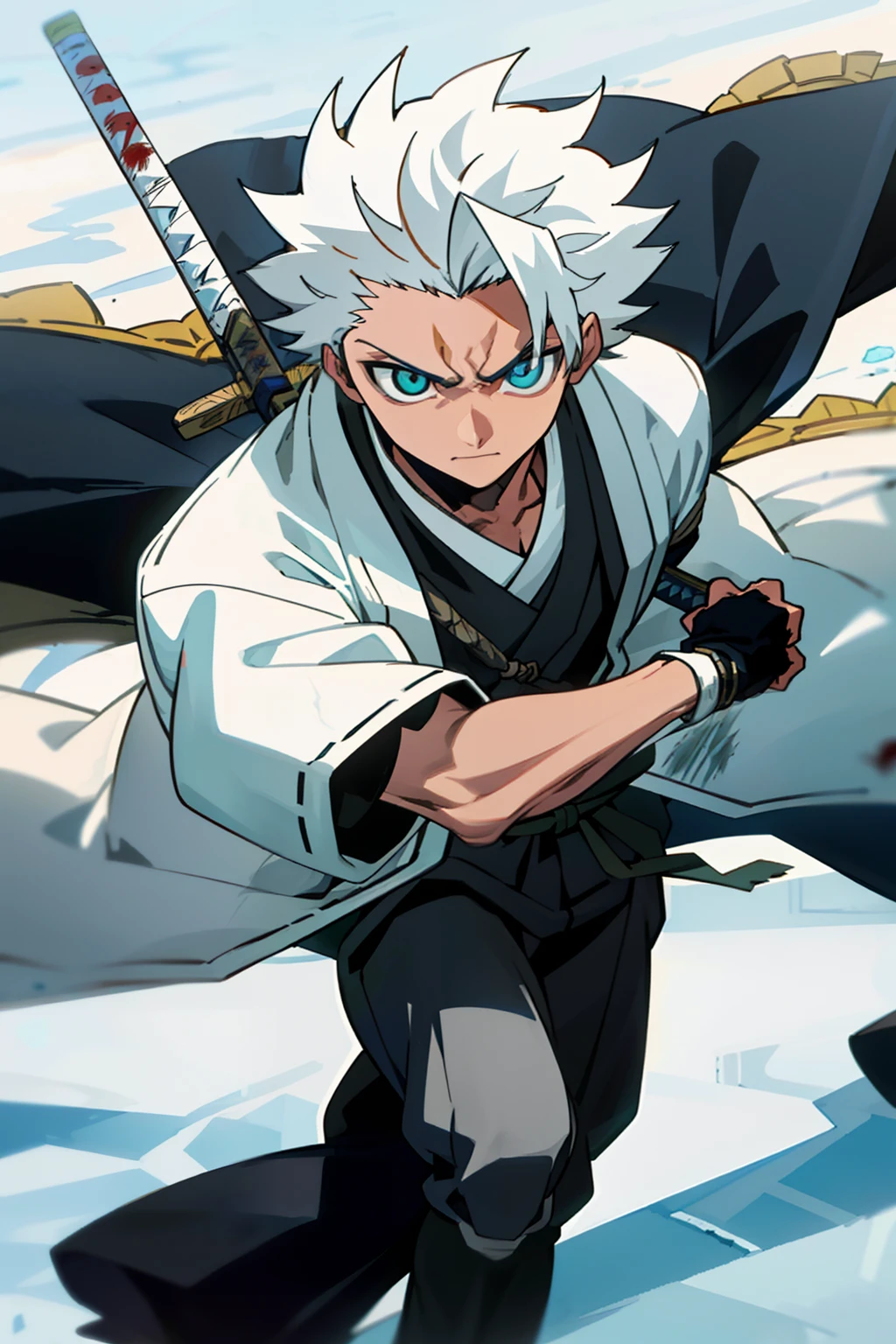 "tmasterpiece，best qualtiy，Libido boy，street japan，15 years old，Hinata Kushiro，Lack of light at night，White color hair，Show forehead，White samurai suit，Wrapped in blue ice，Sword in hand，Natural soft light，Fighting posture，bloodstained clothes，Damaged clothing，the street，Angry eyes，ssmile，looking to the front，malefocus，strong muscle，cinematic compositions，Bokeh"