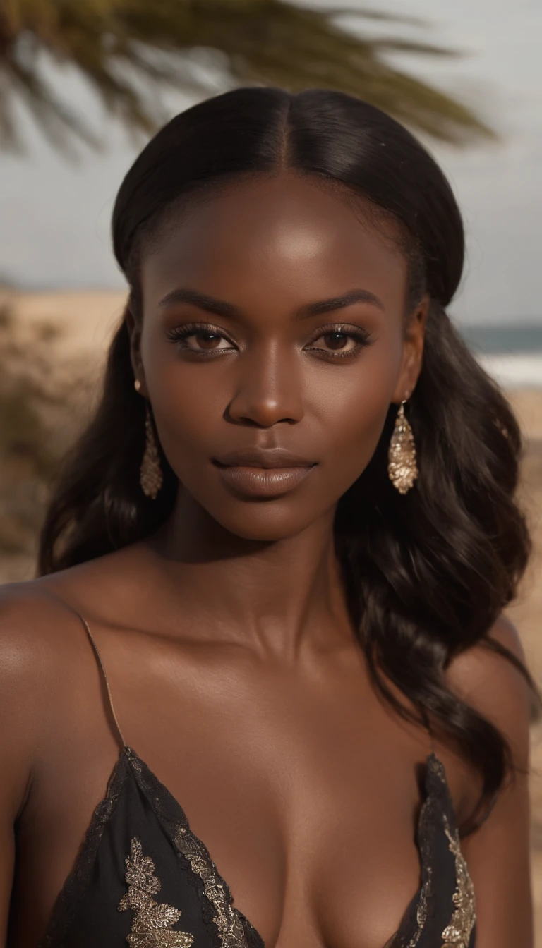 ((African dark skin, very deep ebony skin)),A beautiful African in a stylish fashion posed seductively into the camera, gazing confidently. The image is meticulously rendered in stunning high definition, capturing every detail with lifelike realism Lost in the rhythm of the waves and the world of music. Tomorrow, the story unfolds.