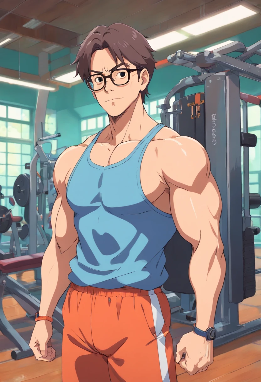 Muscular man wearing glasses in gym clothes
