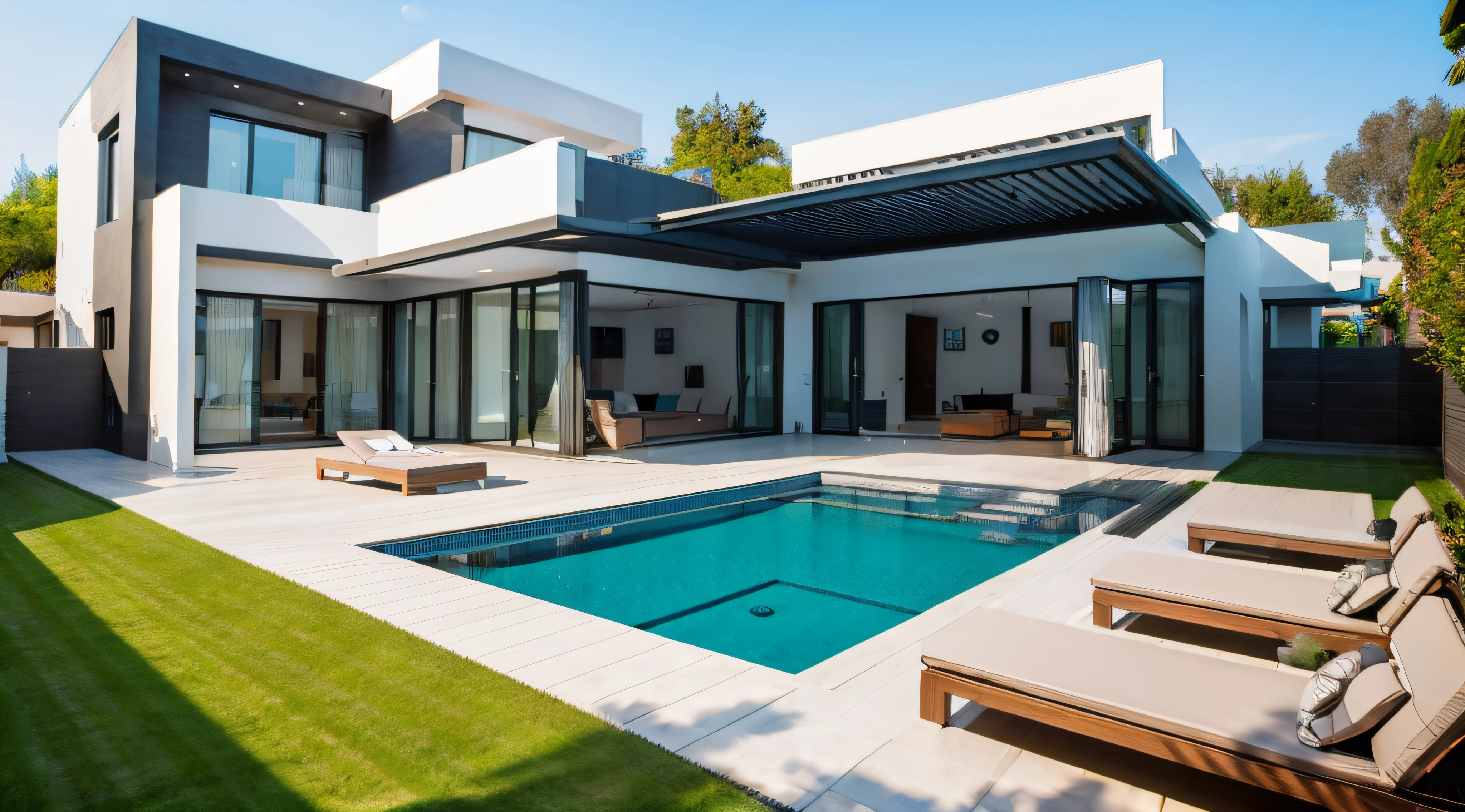 Exterior of beautiful modern house with solar panels on roof. Luxury villa with terrace and swimming pool