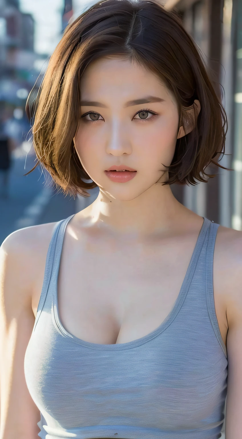 ((Best quality, 8K, Masterpiece :1.3)), Sharp focus :1.2, Pretty Women with Perfect Figure :1.4, Slender abs :1.2, ((layered haircuts,  :1.2)), (Tank top shirt :1.1), (street :1.2), Highly detailed face and skin texture, Detailed eyes, 二重まぶた，