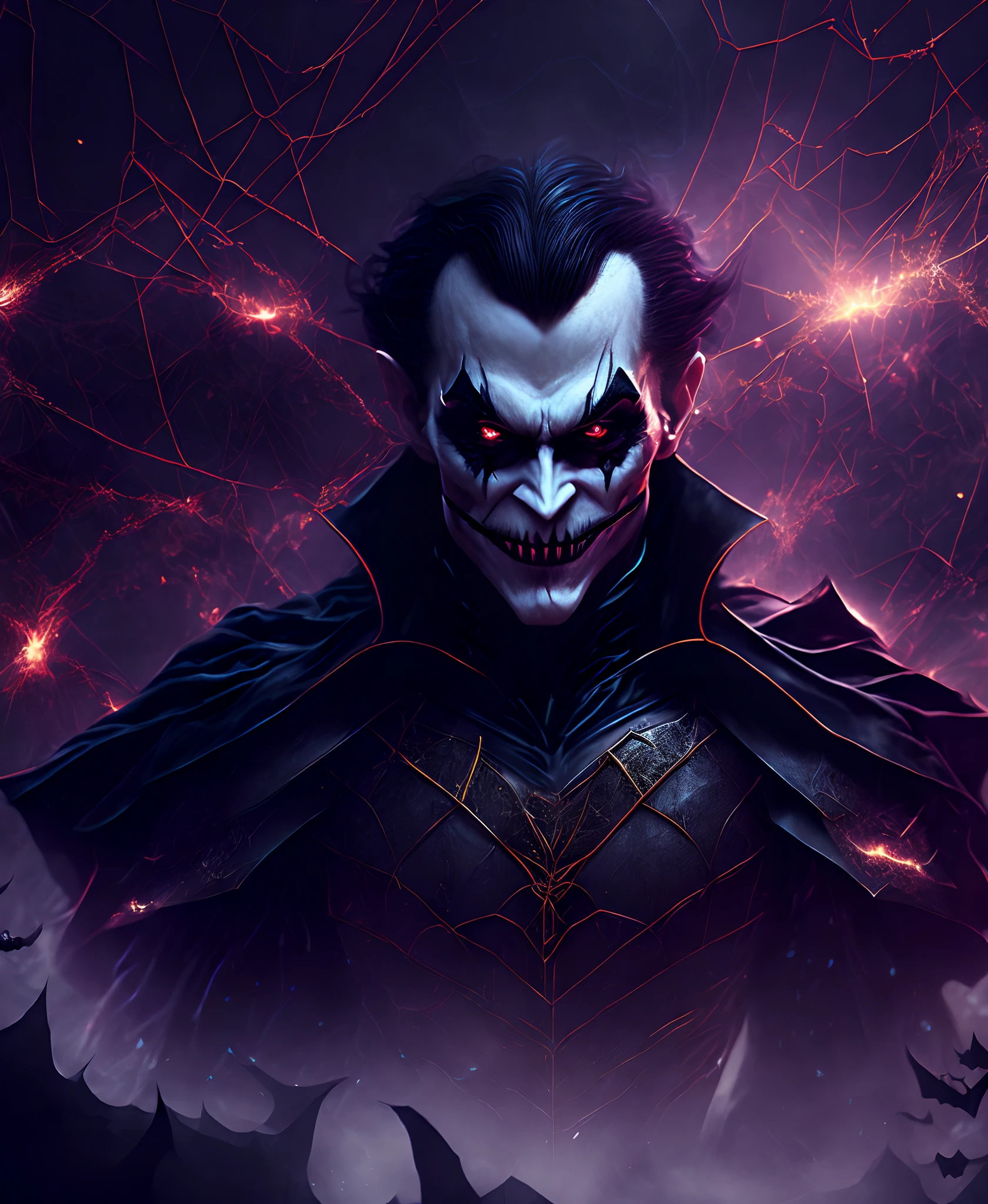 Close-up (Halloween theme Dracula mixed with The jokerfrom DC in Goth style: 1.3) emerging from the the  thick spider web fields, extremely detailed, smoke, sparks, metal shavings, flying debris, volumetric light
