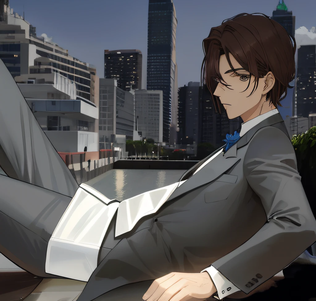 Caricatura de un hombre de mediana edad en traje acostado en el suelo, usa un traje desgastado, Lleva un traje, Fanart de alta calidad, cabello marron un poco largo,, surprised expression, estilo anime, ciudad destruida de fondo
