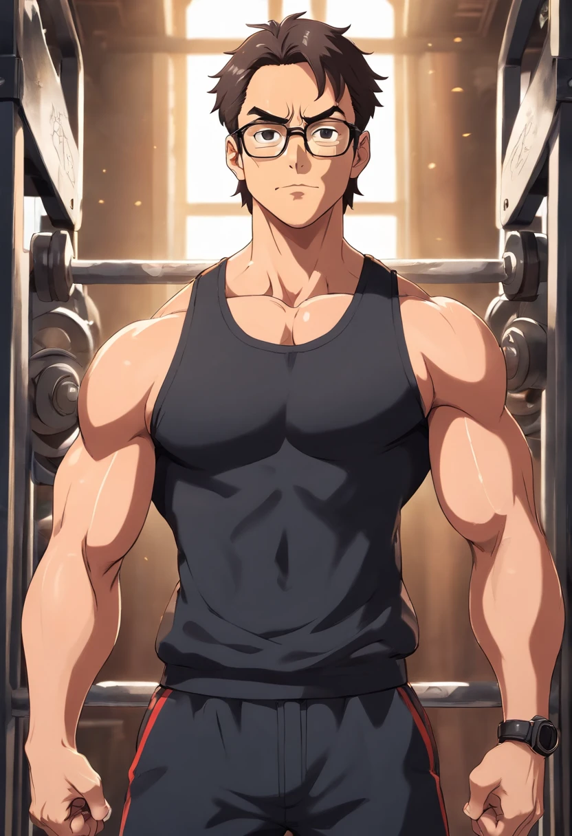 Muscular man in black gym clothes and wearing aviator glasses