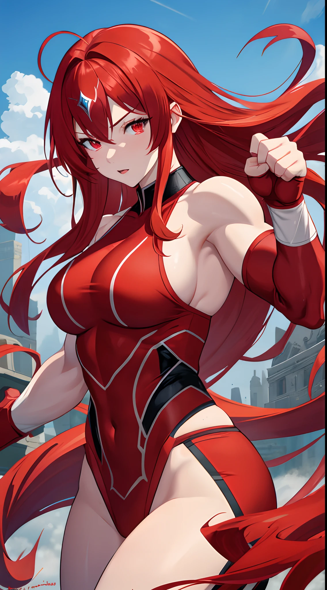 Attractive red hair and red eyes female superhero wearing wrestler costume, high strength, fury, big muscle, beauty and charming, anime art style, fantasy.