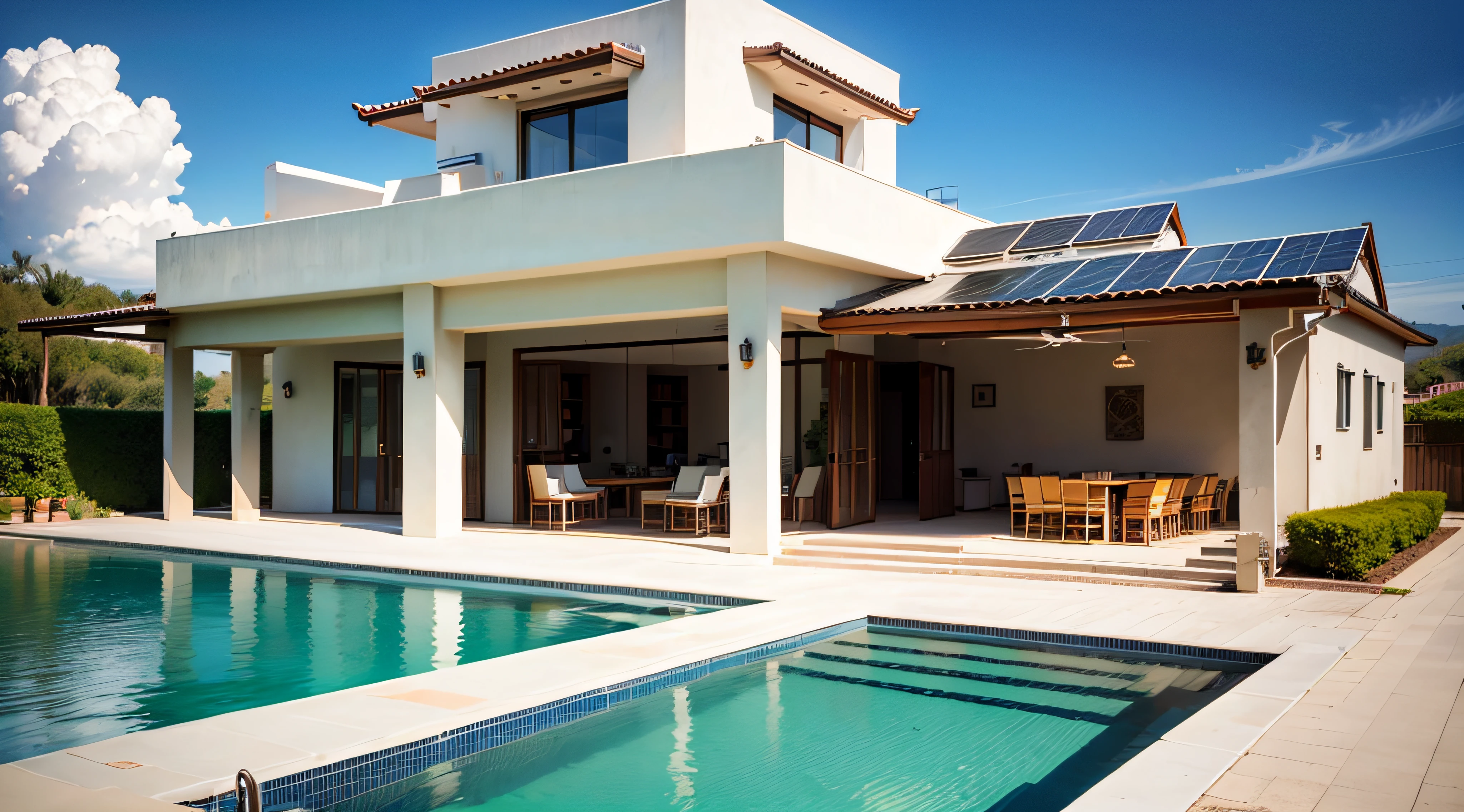 Exterior of beautiful modern house with solar panels on roof. Luxury villa with terrace and swimming pool