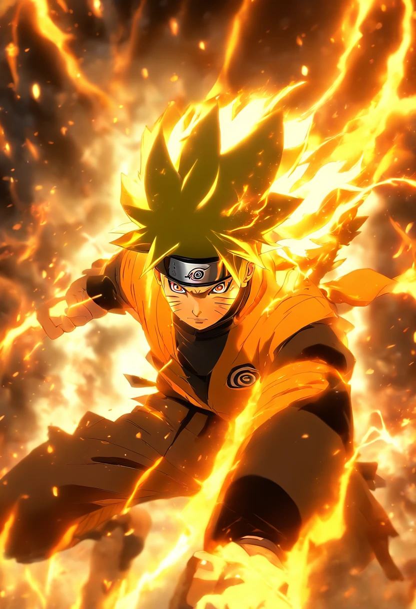 Naruto Uzumaki Attack his enemy nine tail fox  (in a Firestorm with lighting thunder vfx around), masterpiece, best quality, ultra quality, absurd details, best light, best shadow, sharp, sharp picture, detailed face, detailed eyes, detailed hair, detailed, extremely detailed, great resolution, 8k, 4k, uhd, ray tracing, beautiful effects, image of (full body)