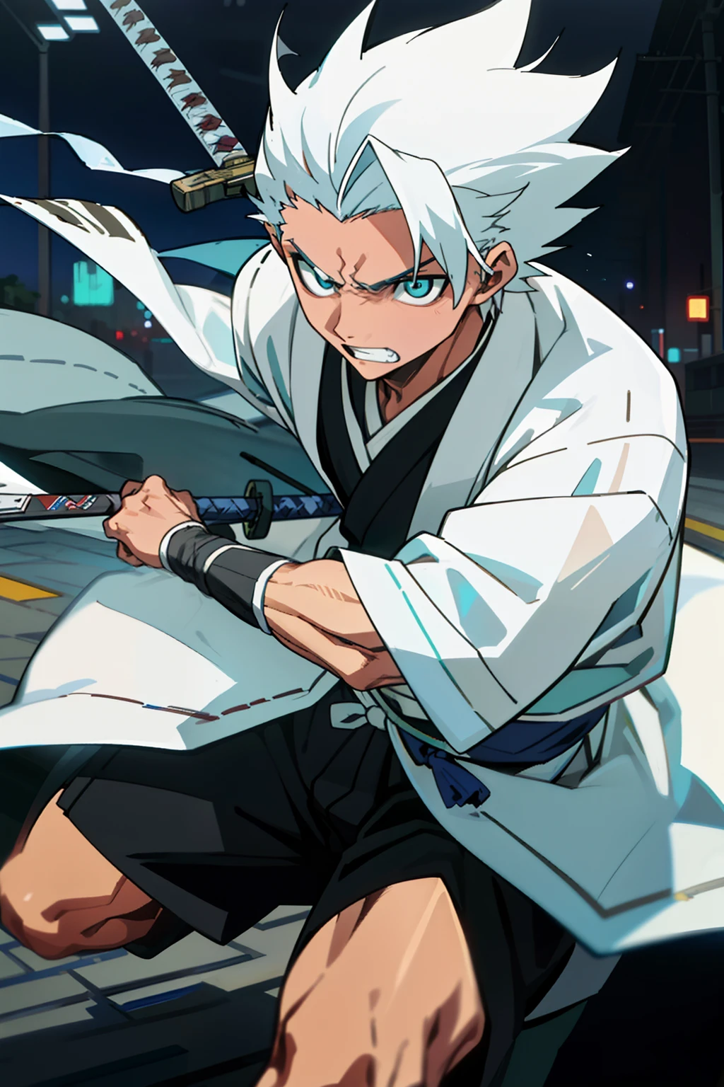 "tmasterpiece,best qualtiy,Libido boy,street japan,15 years old,Hinata Kushiro,Lack of light at night,White color hair,Show forehead,White samurai suit,Wrapped in blue ice,Sword in hand,Natural soft light,Fighting posture,bloodstained clothes,Damaged clothing,the street,Angry eyes,ssmile,looking to the front,malefocus,strong muscle,cinematic compositions,Bokeh"