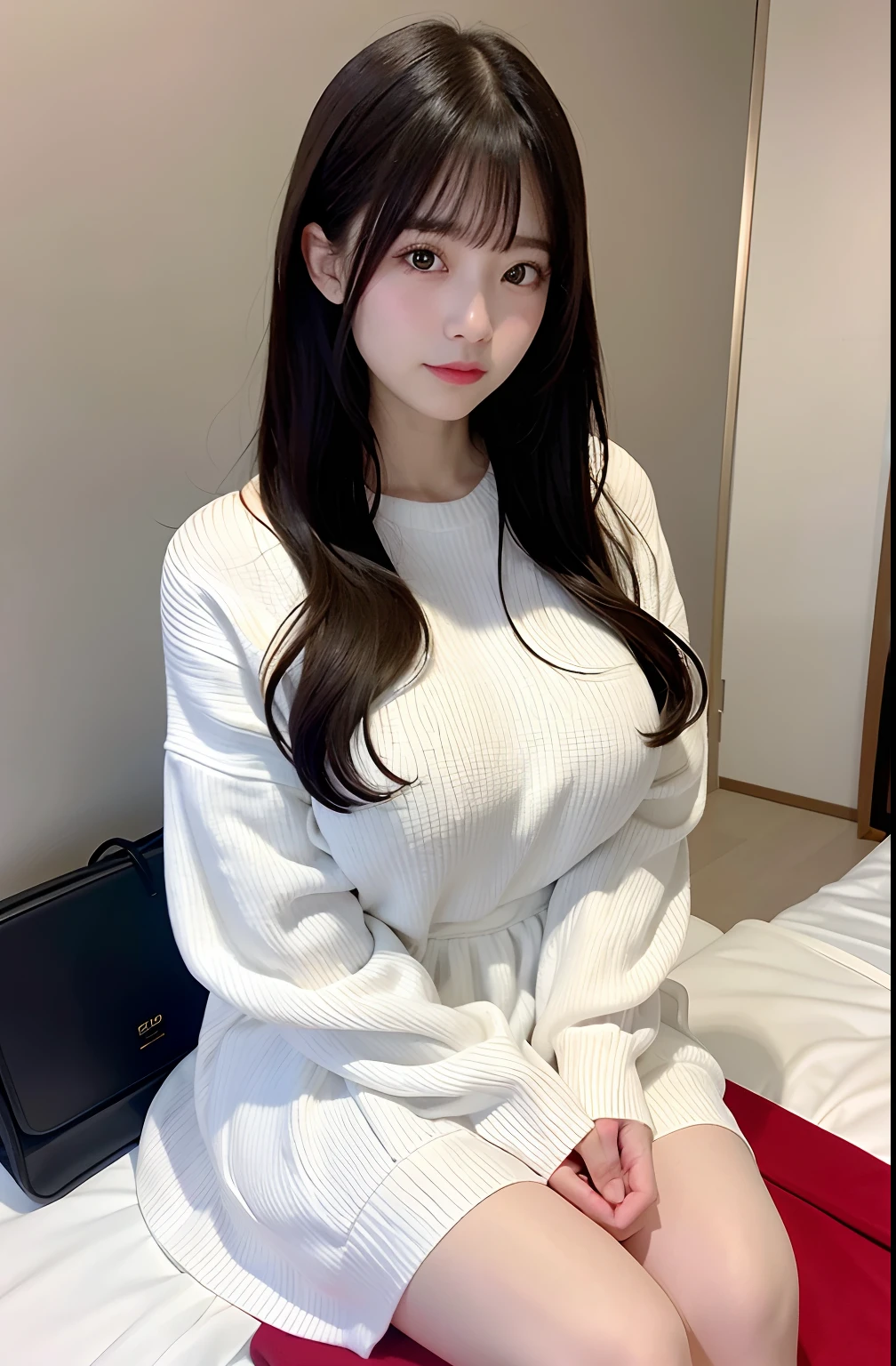 Japan Beauty、Live Action、Variety of facial expressions、Cute room、White knitwear、a red skirt、Long black hair、huge tit、full bodyesbian