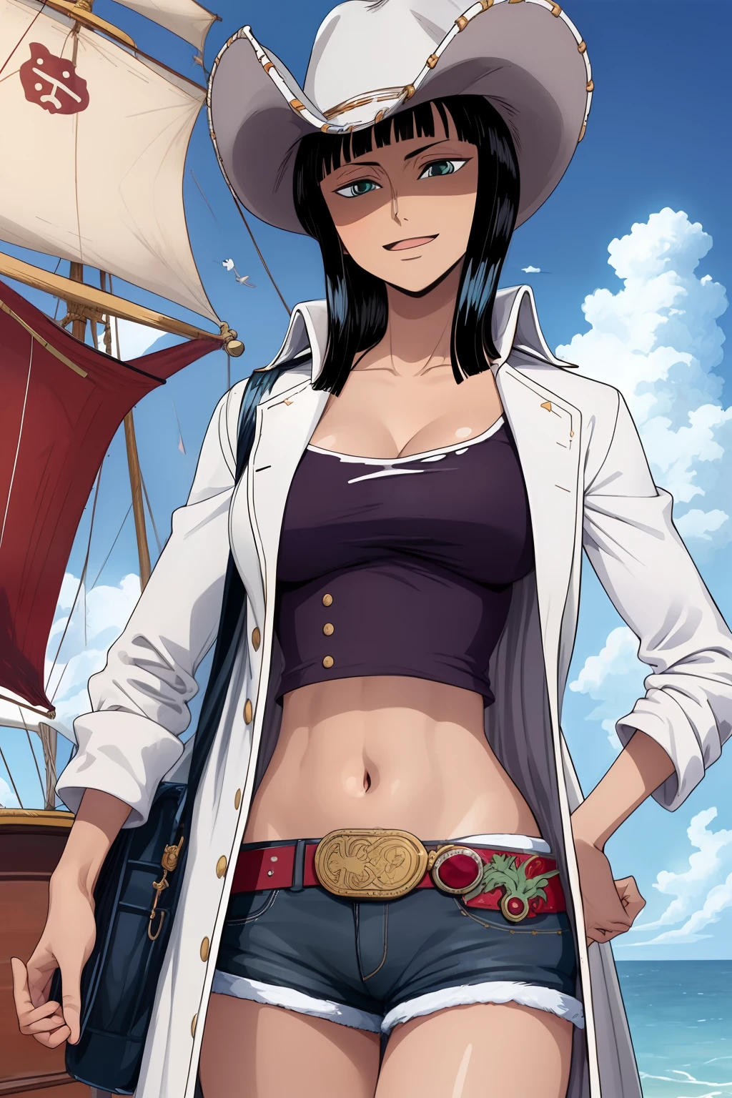 (masutepiece),Best Quality,amazing,finely detail.depth of fields,Beautiful detailed eyes,1girl in,Nico Robin,Cowboy Shot,maturefemale,lightsmile,Medium Hair,Large breasts,hat,White coat,Short shorts ,  Belt bag,Midriff,on a pirate ship