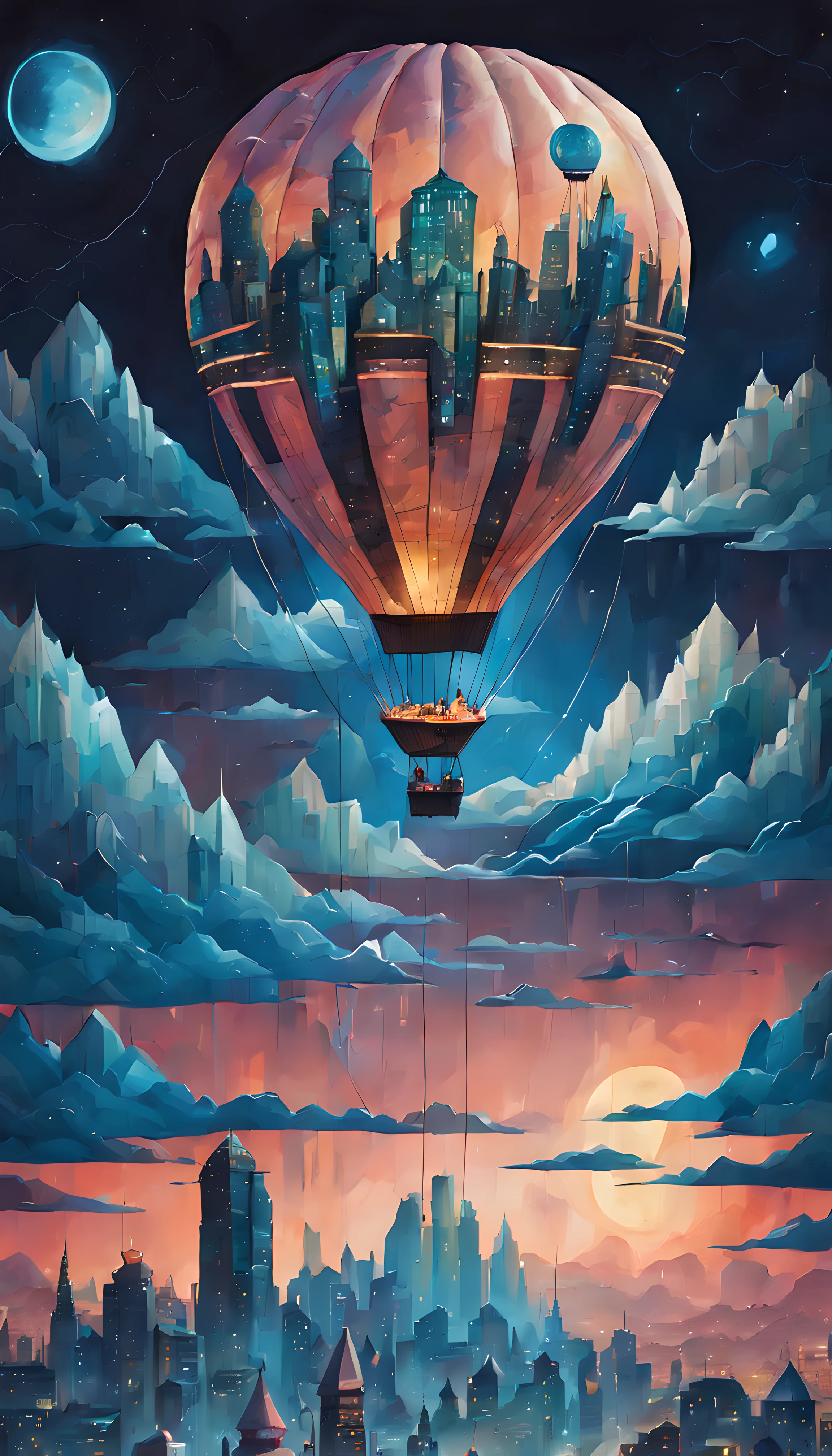 (epic paper drawing) of a (big) hot air balloon (with a cyberpunk city print on it:1.3), blue magical flows, starry moonlit night, mountains, volumetric lighting