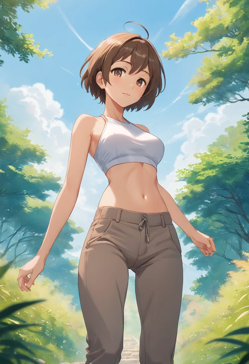 Half wide angle professional photo of a beautiful young slim spanish woman, A slender woman walks in a natural position, ((Front left photo)), (((Perfect slim flat belly display))), ((with short brown hair)), (((Gray skinny low-rise harem pants))), ((The groin is exposed on the waistband of Harlan's pants)), ((White skinny halterneck crop top)), cleavage, Strength round chest, thigh gap, Slim legs, ((Sexy slim waist show)), ((Show buttocks)), ((belly button showing)), Landscape natural background, Low depth of field, vanishing point, Bright photos, True casual photography, Natural relaxing posture, Realistic natural style, Centered, Symmetrical, Knee shot from the photo below, wide angles, Nikon Z9 35mm F1.8, author：David Lazar 和 Joel Santos