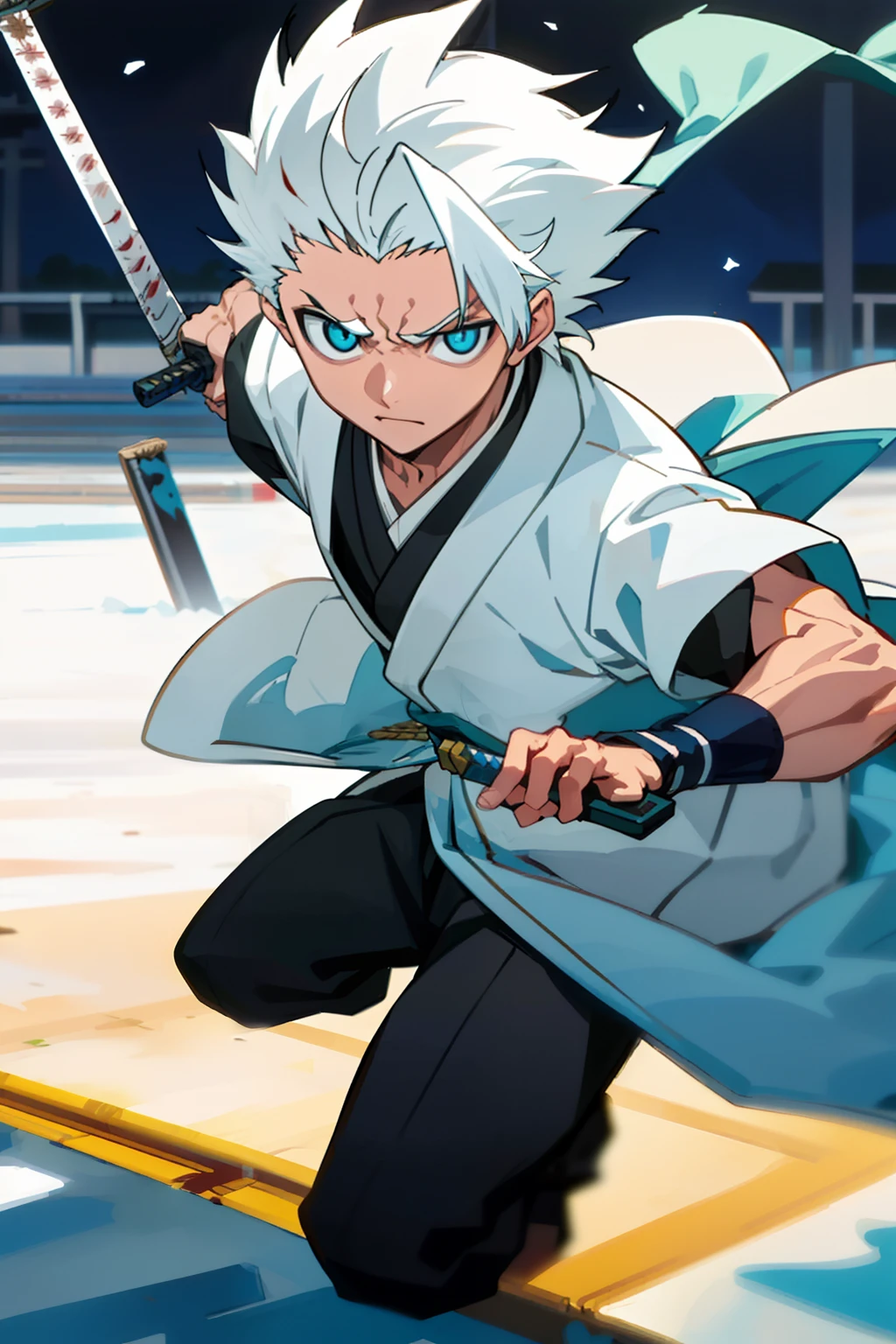 "tmasterpiece，best qualtiy，Libido boy，street japan，15 years old，Hinata Kushiro，Lack of light at night，White color hair，Show forehead，White samurai suit，Wrapped in blue ice，Sword in hand，Natural soft light，Fighting posture，bloodstained clothes，Damaged clothing，the street，Angry eyes，ssmile，looking to the front，malefocus，strong muscle，cinematic compositions，Bokeh"