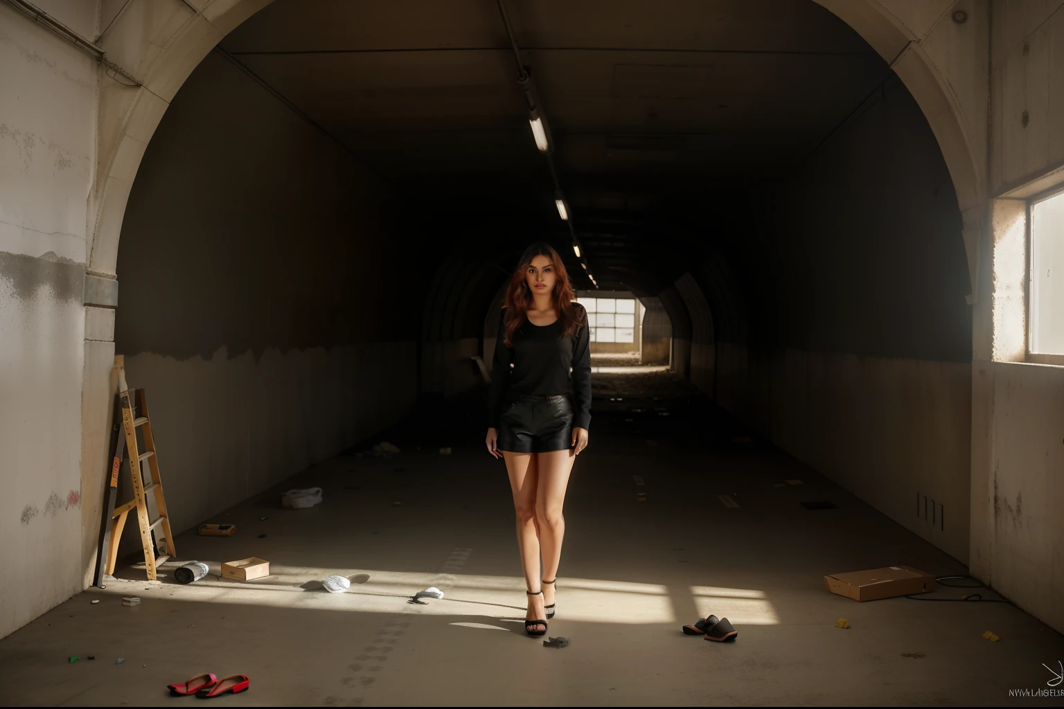 Araffe woman in fishing nets and high heels standing in a tunnel, olhando para o lado, in an abandoned warehouse, in a cyberpunk setting, in a warehouse, In a post-apocalyptic setting, grafite ao fundo, cabelos vermelhos da cintura longa, em um beco, Meias de rede de pesca, olhando para o lado, com longos cabelos ruivos, foto realista, alta resolução, rico detalhes