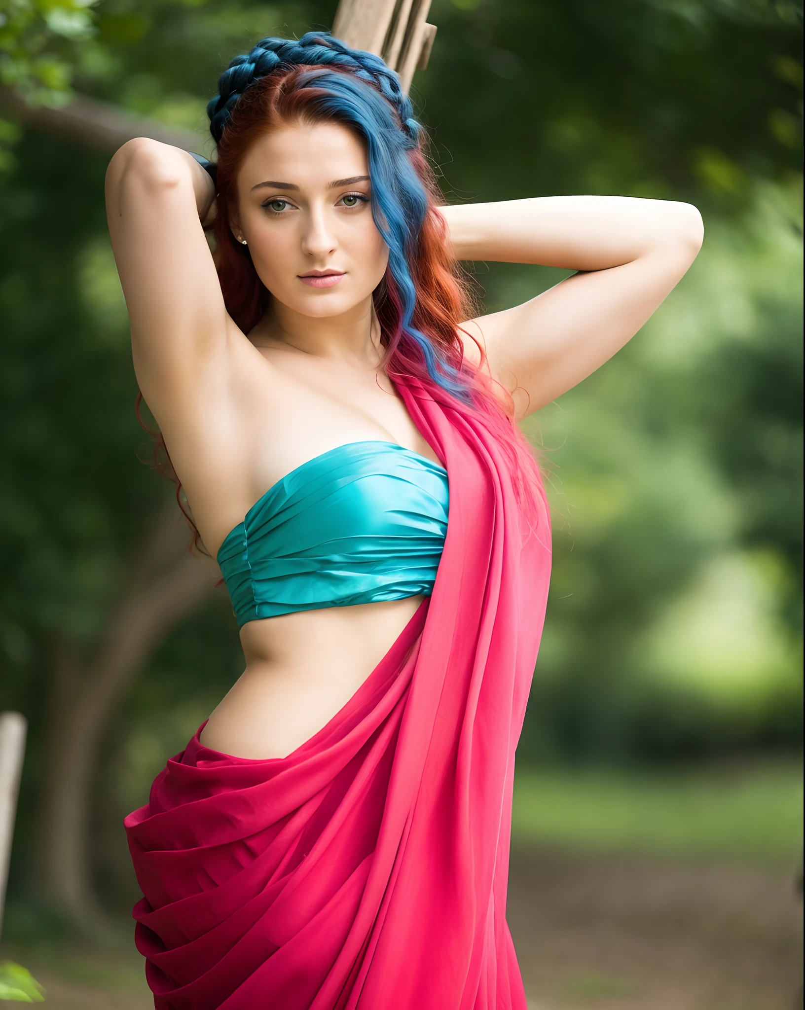 Foto RAW, Sansa Stark, Extremely gorgeous lady, Sansa Stark PLAYED BY Sophie Turner, Queen Sansa Stark, she is a mature woman now, milf, sexy mediaeval battle dress, gladiator woman, body, 45 years old Woman, body revealing costumes, perky breast, alluring figure, big natural breast, mediaeval costumes, styled hair, Red and blue colorful hair, streax hair, trending hairstyle, mediaeval queen dress, erotic costumes, lusty physique, seductive figure can capture every people's attention, Game of thrones costumes, revealing captivating figure, Mediaeval costumes, revealing clothes, A tomboy, she would rather fence than dance, warrior queen , game of thrones screen caps, Game of Thrones Series, (pele altamente detalhada: 1.2), 8k UHD, DSLR, soft-lighting, alta qualidade, grain of film, Fujifilm XT3
