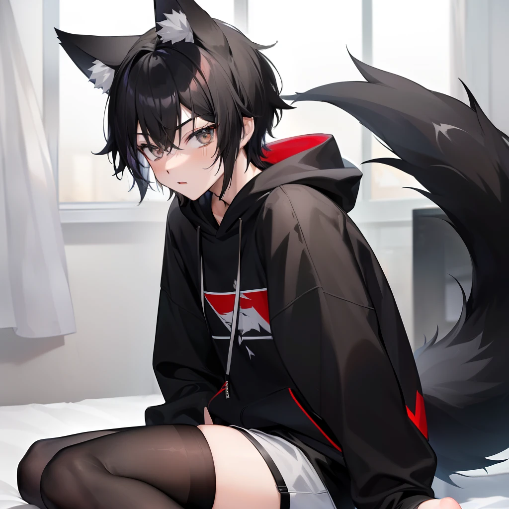 cat-boy, toned, sharp big cat ears, cat tail, big black messy hair, extremely vibrant red eyes, HD, masterpiece, vibrant, slim dark black hoodie, full body view, neutral face, black thigh socks, combat boots.