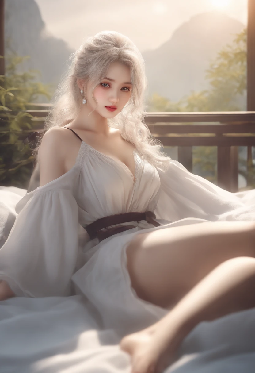 (Ultra Real), (illustration), (High resolution), (8k), (Very detailed), (Meilleure illustration), (beautiful detailed eyes), (Best quality), (super detailed), (Masterpiece), (wallpaper), (Detailed face), seulement, (pose dynamique), une fille, White wavy hair on the bed, Loss of clothing, Personne japonaise, yeux de couleur iris, (((mince, Robe de nuit petite et courte)), seins moyens, longues jambes, Meilleure balade de jambes, (sans culotte), (sans soutien-gorge)