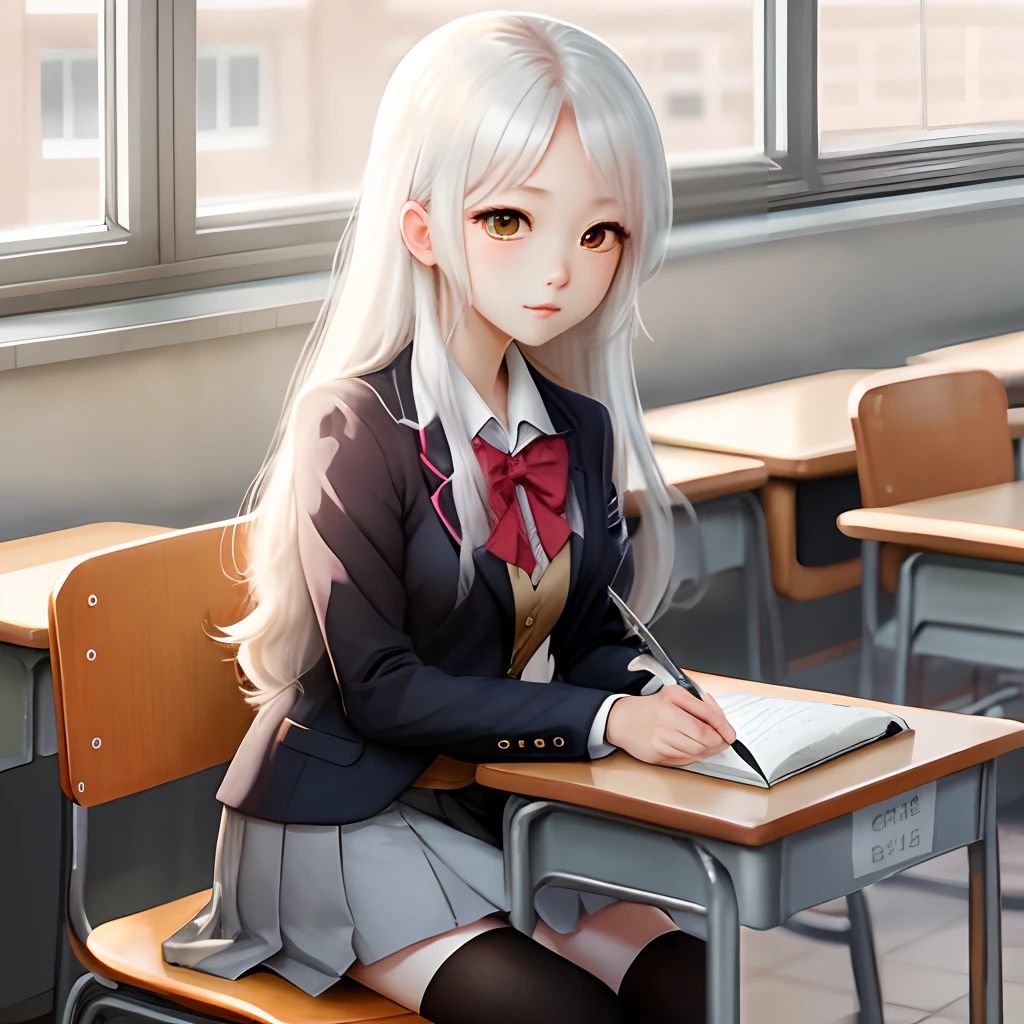 White long hair anime girl with school uniform