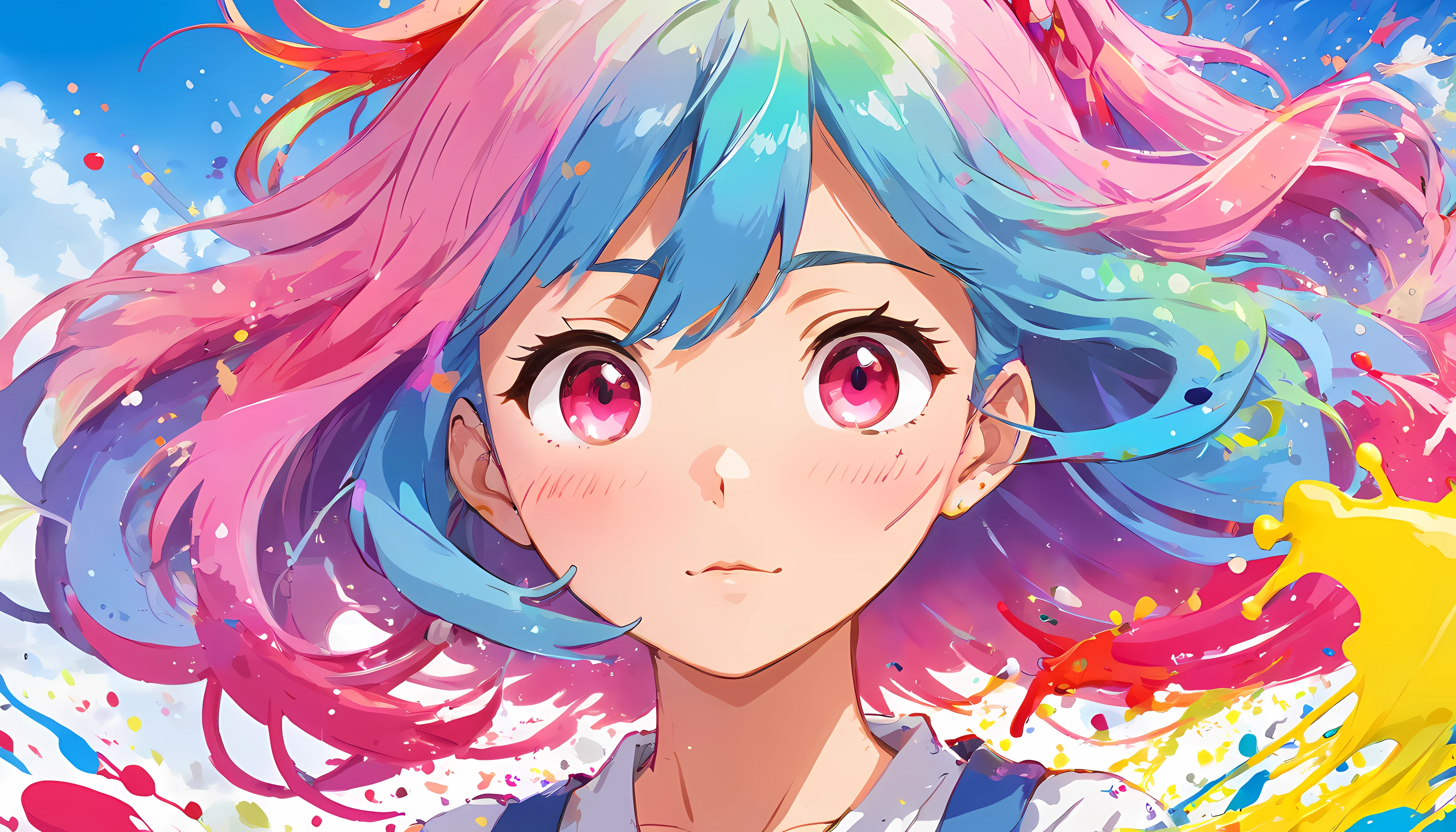 (Masterpiece, Best Quality, High Resolution), ((Paint Splash, Color Splash, Splash of Ink, Color Splash)), Sweet Chinese Girl, Rainbow Hair, Pink Lips, Front, Upper Body
