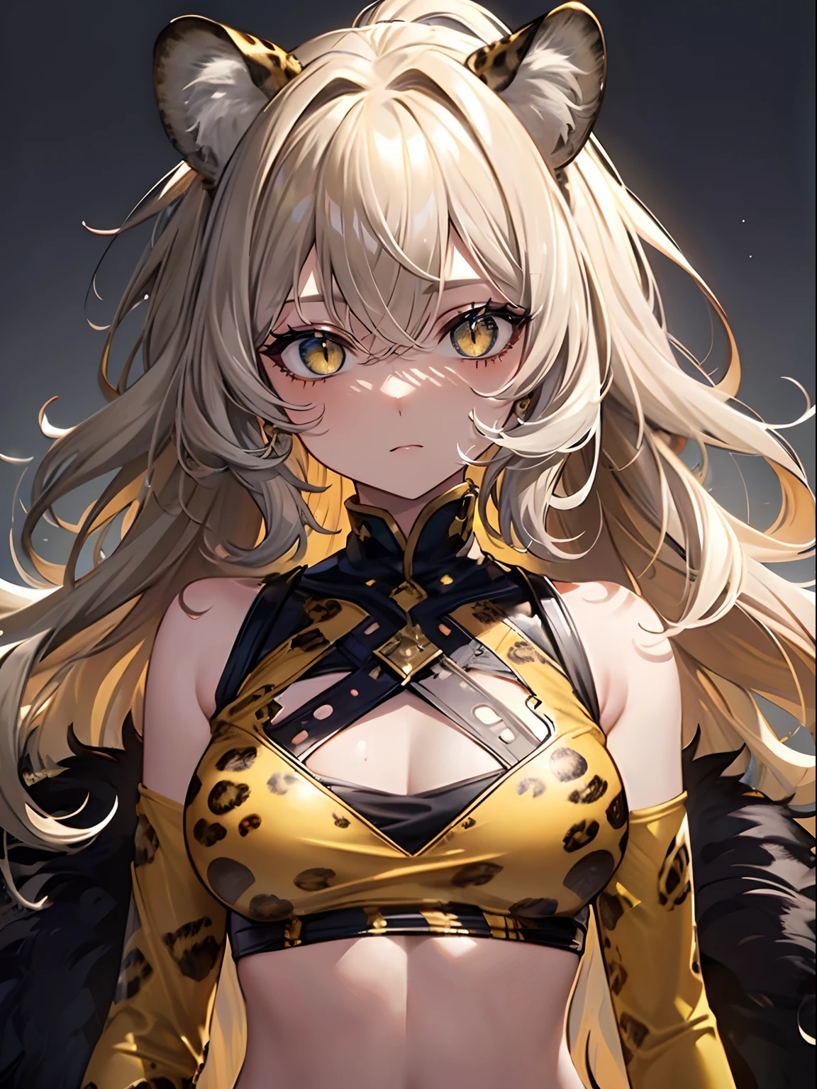 (masterpiece,best quality,ultra-detailed),1girl, curly hair,messy hairstyle,mane,dark yellow hair with black spots,leopard ears,beautiful and detailed eyes,small chest,small breasts,animal print crop top,(grey theme),looking at viewer,in the savanna