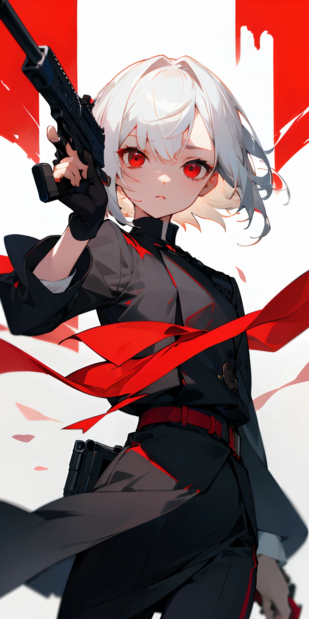 (masterpiece、top-quality)、Anime Girl, short white hair, Red Eyes, Black clothes
Have a gun