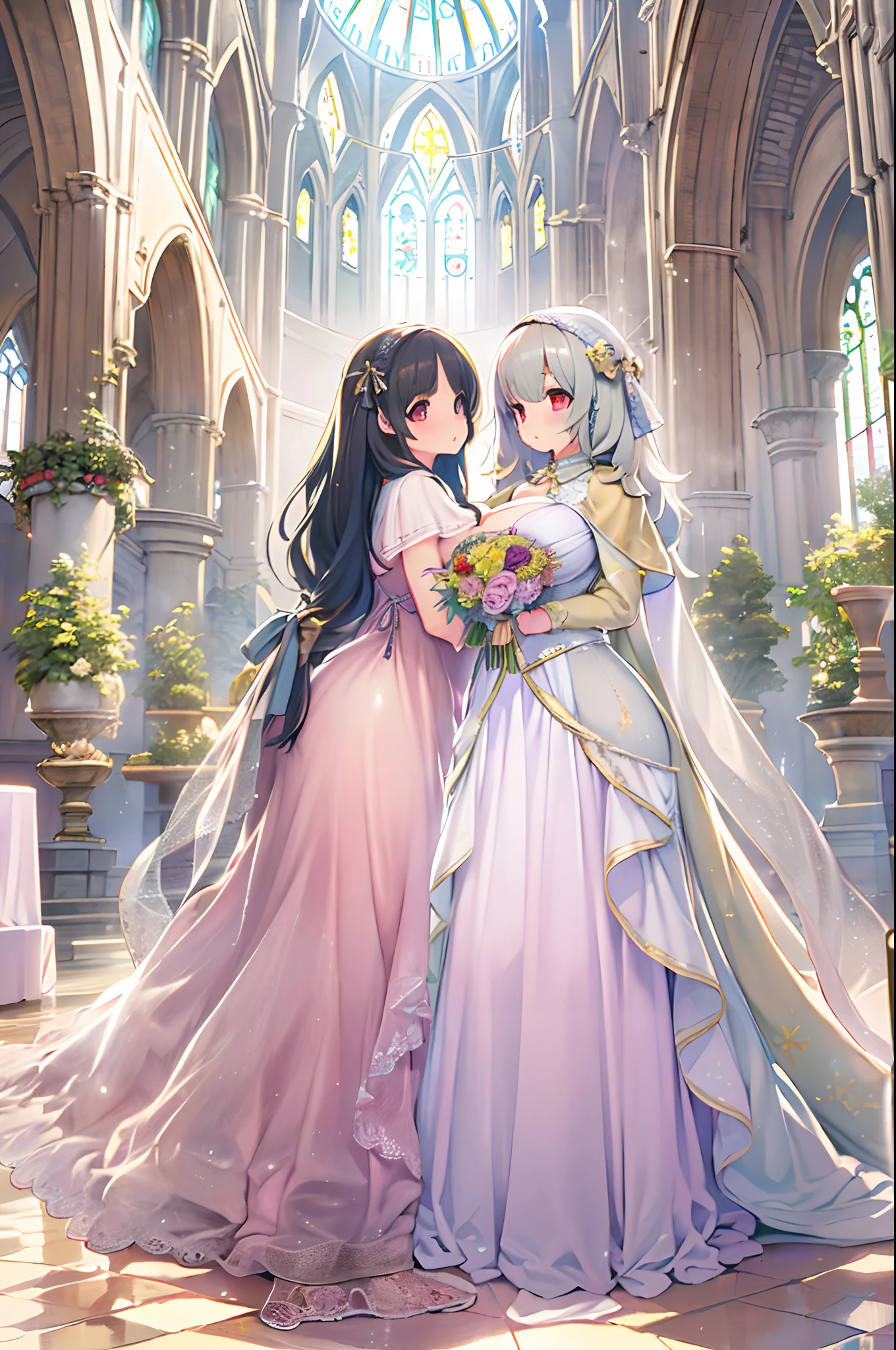 High resolution, Best Quality, masutepiece, Ultra high definition, Ultra high definition, .。.3D, Anime, Illustration, In a church、wedding hall、Two women in wedding dresses、2girls，girl1：bbw、huge-breasted、adolable，Black hair，Bob-cut hair，huging、stare、weddingdress、Girl 2：adolable，A pink-haired，Long grey hair，huge-breasted、huging、stare、weddingdress