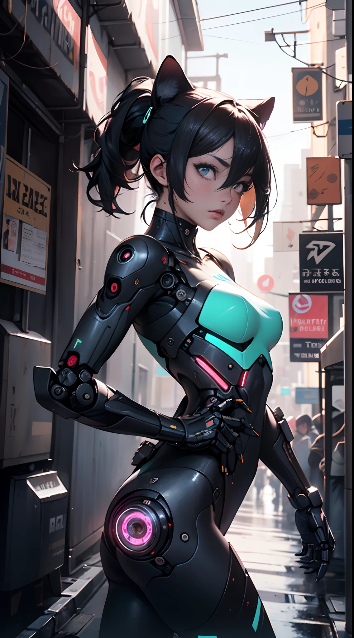 PunkAI, (CyberpunkAI:1.4), H1C4TT3CH, (hermosa mujer Hola Kitty), Cybernate, (robot:1.4), ciborg, Renderizado de Unreal Engine en 8K, Dentro de una intrincada ciudad llena de neones, action shot, Iris intrincado detallado, Very vivid lighting, sombras pesadas, Detallado, (Vibrante, Foto realista, realista, dramatic, oscuro, foco nítido, 8k),,motor irreal:1.4,UHD,La mejor calidad:1.4, fotorrealista:1.4, textura de la piel:1.4, obra maestra:1.8,obra-prima, mejor calidad,(Beautiful and detailed eye description)