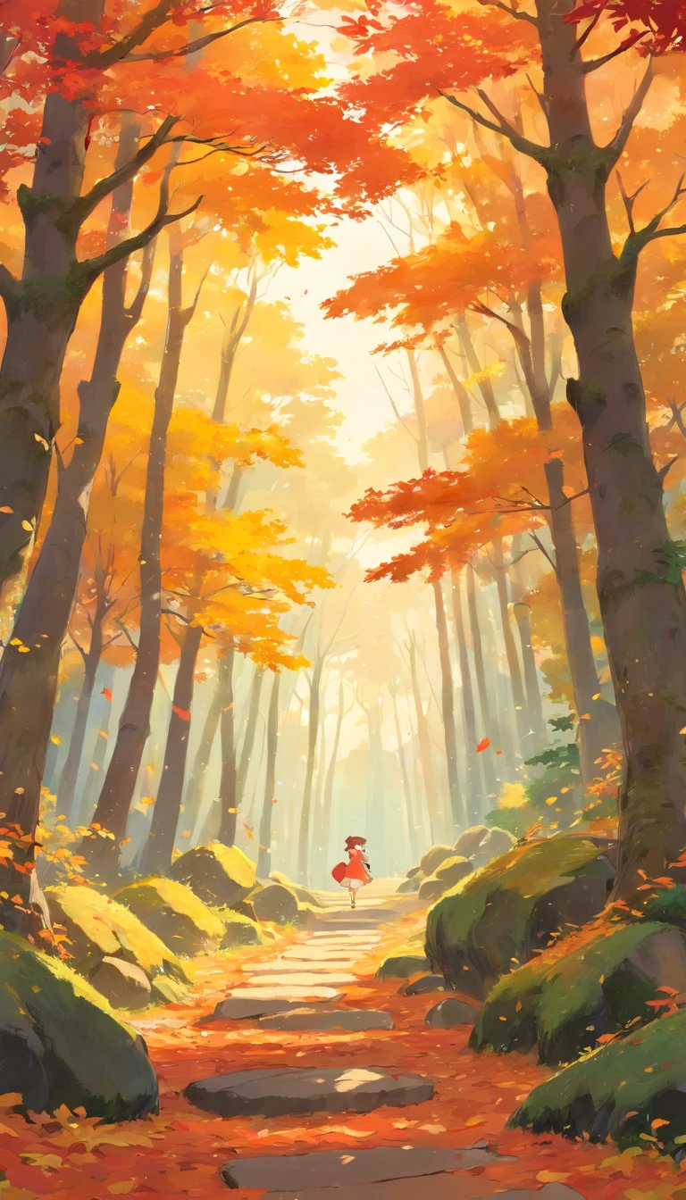 Best quality,Ultra-detailed,Realistic,landscape,Autumn,Beautiful warm colors,Sunlight shines through the trees,vibrant foliage,Tranquil atmosphere,Fresh air,subtle mist,Fallen leaves cover the earth,Sunlight peeks through the canopy,Dappled light,Quiet silence,Sturdy luggage,Majestic branches stretch out to the sky,Cascading leaves float gently in the air,Delicate autumn leaves dance in the wind,Rich bark texture,Lovely orange tones,Red,and yellow,Colorful foliage covers the forest floor,The leaves rustle，whisper,Mossy rocks and fallen logs,Golden hour lighting,a peaceful and serene atmosphere.