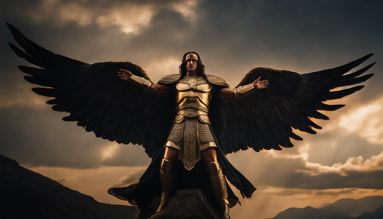 Archangel Michael with big wings The scene is magnificent and surreal. (melhor qualidade, 4k, 8k, alta resolução, master part:1.2), ultra-detalhado, (realisitic, fotorrealista, Realista:1.37), Retrato de um, vivid colors, studio lit, foco nítido, physics based rendering, extreme detail description, Bible Topics, Grande ambiente, luz radiante.