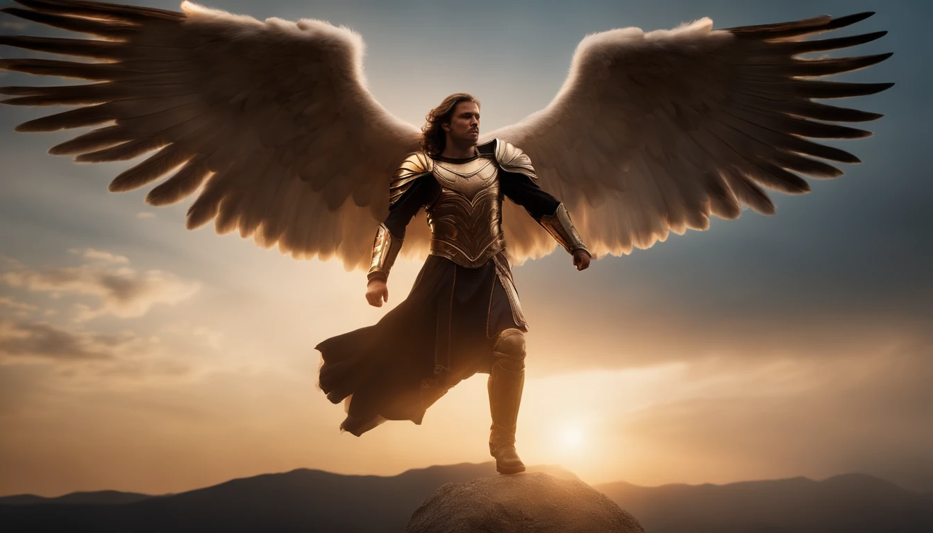A Man flying over a small town with a pair of large wings, with a sword in his hand, and looking like a hero