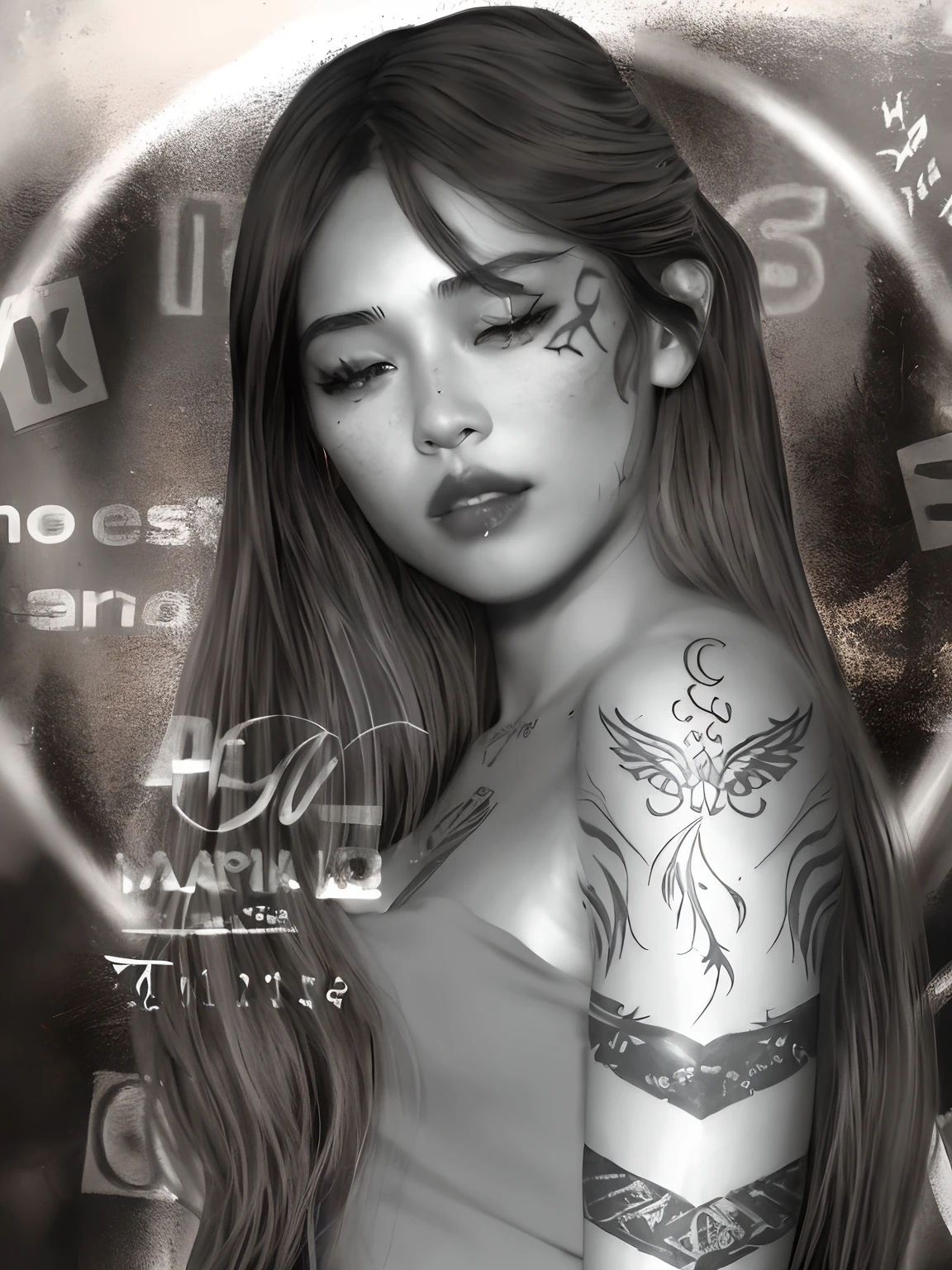 Knew a woman with a tattoo on her arm and chest, wlop glossy skin, tattoo, gray skin. grunge, Watermark, With rune tattoos on the face, tattoo, Art style realism, Digital Art H 9 6 0, tumblr, [ digital art ]!!, digital art. @Mariomaniadwood, Inspired by Kim Deok Sen