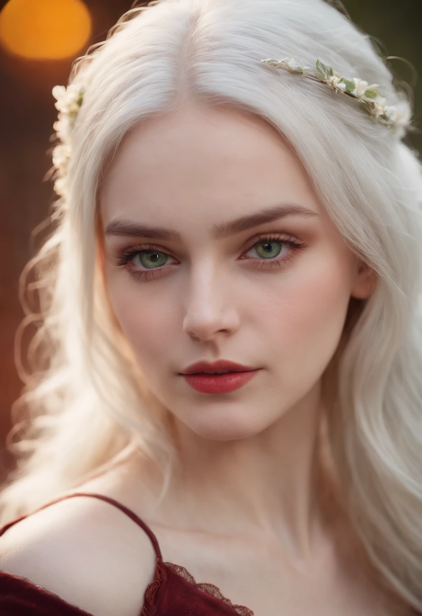 (((a deep reddish wound crosses her left cheek))) fair complexion, woman around 19 years old, natural white hair, distinctive green eyes, wearing kohl, slender and graceful, beautiful, candlelight in a medieval setting, ultra sharp focus, realistic shot, medieval female clothes, tetradic colors (scar:1.4)