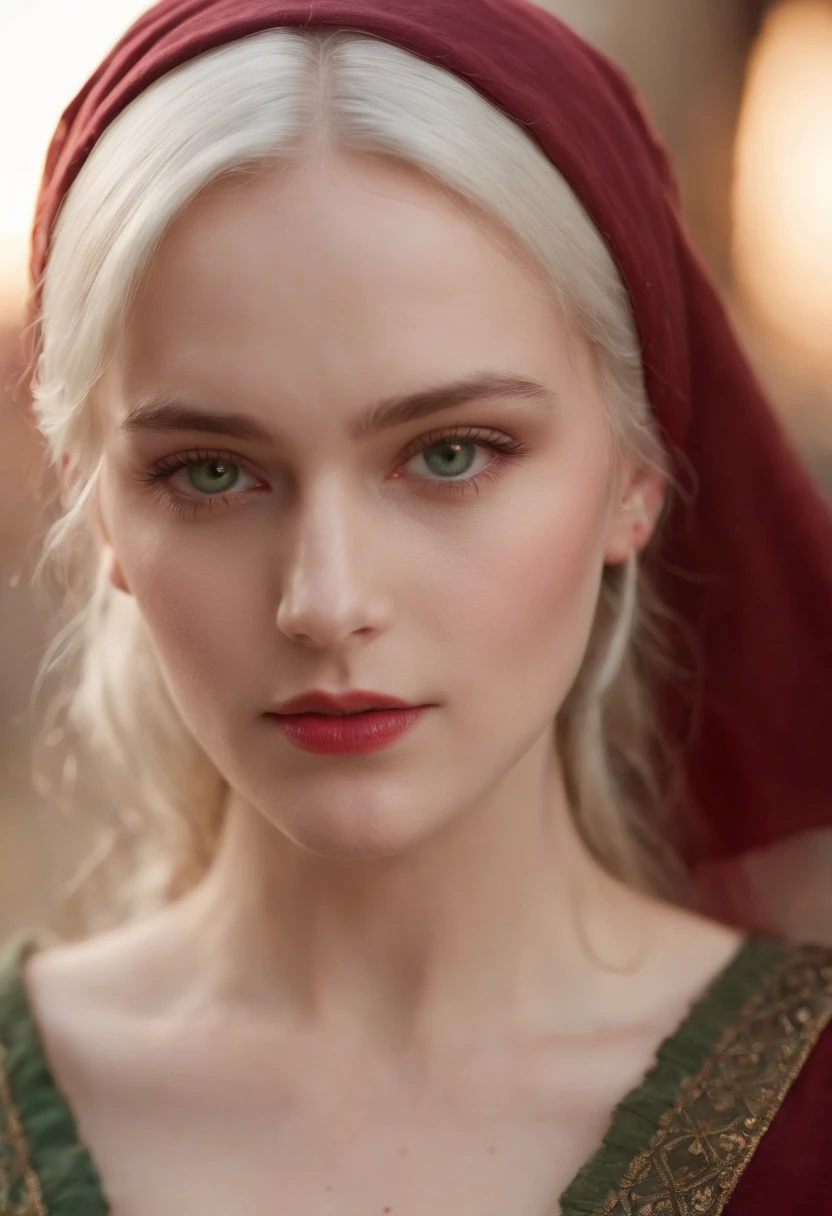 (((a deep reddish wound crosses her left cheek))) fair complexion, woman around 19 years old, natural white hair, distinctive green eyes, wearing kohl, slender and graceful, beautiful, candlelight in a medieval setting, ultra sharp focus, realistic shot, medieval female clothes, tetradic colors (scar:1.4)