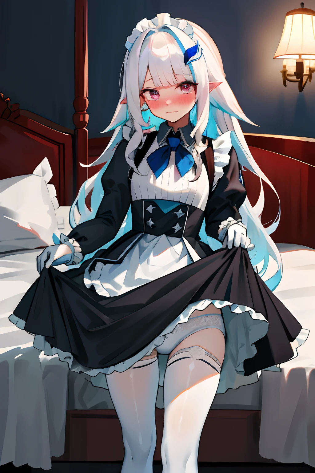 One girl with long wavy hair, white hair, looking at viewer, embarrassed, blushing, tears, indoor , maid dress, black maid dress, maid apron, maid head accessories, puff long sleeves, mini skirt, thigh, pointy ears, perfect waist, bed, night atmosphere, hair ornament, standing, white pantyhose, skirt lift, white panties, panties, lace gloves, panties visible