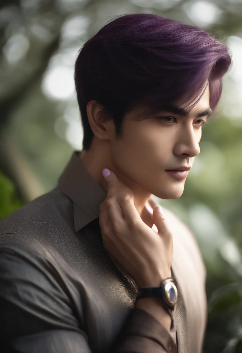 (Raw photo, Best Quality), (Realistic, Photorealistic:1.3), mahakya,1 man, very refined and handsome man, standing quietly, Soft light, back light, (Purple hair, purple eye Straight hair), Bangs, handsome man with details, shy, smiling, (Detailed fingers), correct anatomy, very detailed eyes and face, beautiful nose details, Beautiful eye details, Japanese, Neat and clean good looks, Silk shirt, black trousers, (Half body: 1.3 ), Realistic face, Realistic body,