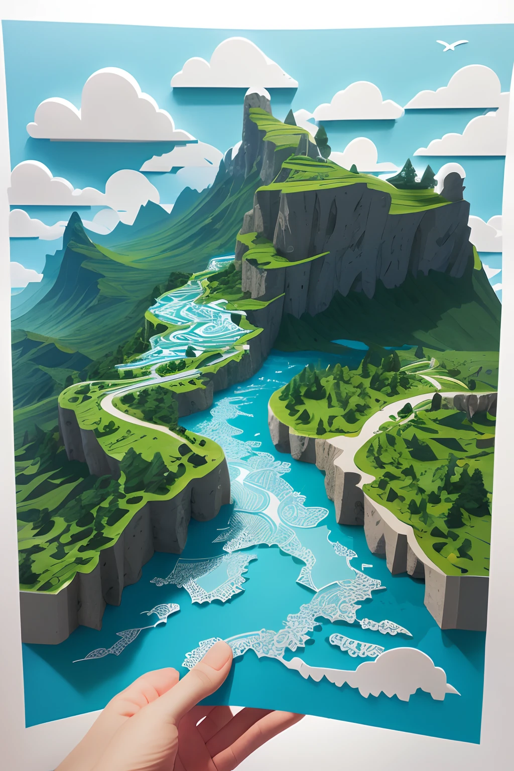 There is a paper cutout,with blue sky and white clouds,Green Mountains and Green Water,terraced,Birds fly over it, layered paper art, arte em papel cortado, layered paper style, paper art, intricate 3 d illustration, paper cut out collage artwork, paper cut out, 3d minimalistic art, original and creative landscape, Multi-layered artwork, layered paper, paper modeling art, cut-out paper collage