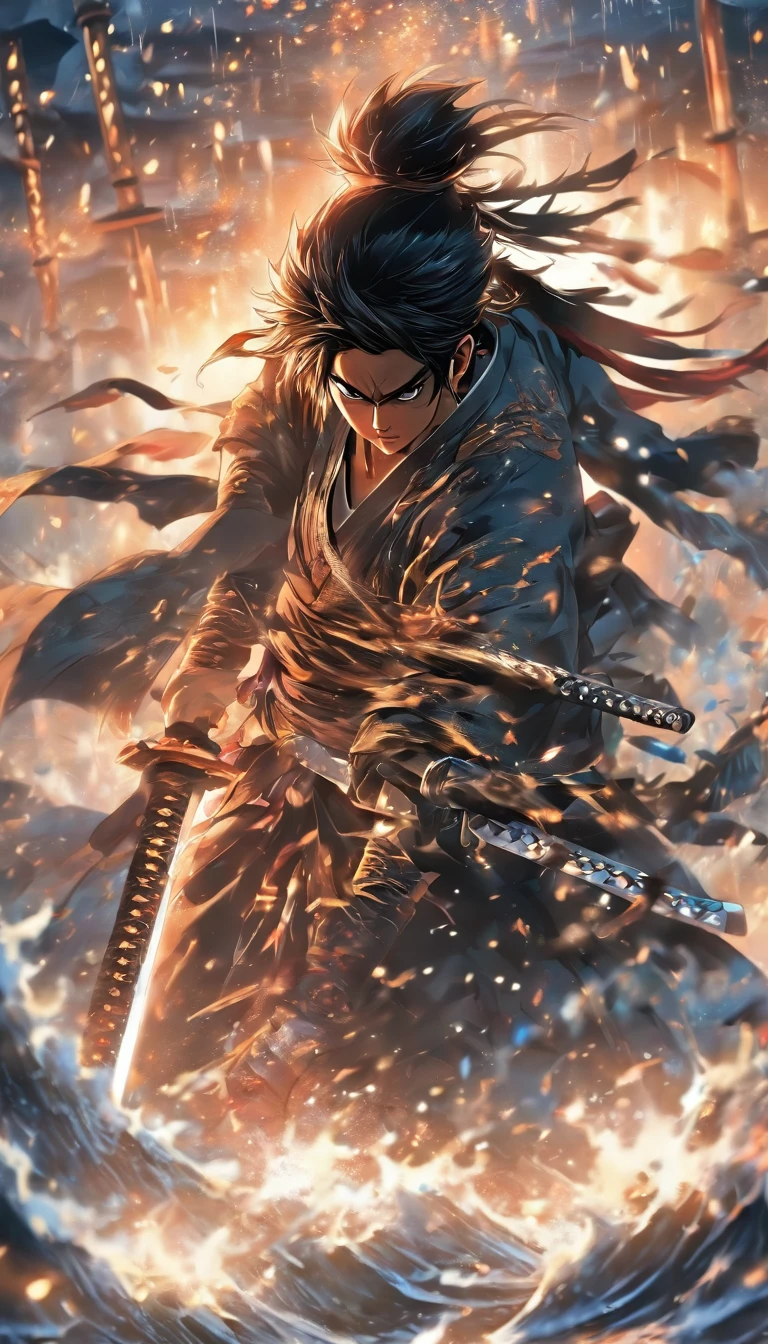 ((Masterpiece)),(Best quality)),Faraway view,There were twenty swords suspended in the air,Sword Rain,Young samurai,Infinite Sword System,Glow effects,Hyper-realistic,Ultra photo realsisim,Chinese black and white ink style,Black and white,Decolorization,Smudge,ink,8K,super-fine,high qulity,OC renderer