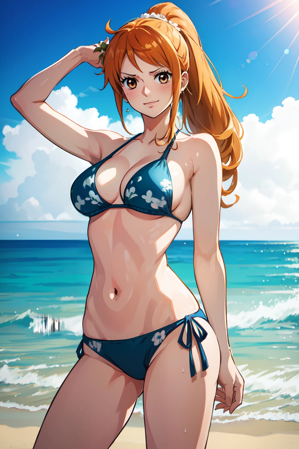 (Best Quality,A highly detailed,Realistic:1.37),anime art style,nami from one piece,Brown eyes,Long orange hair ponytail,Blushing,Wear a black bikini,Stand on a sandy beach, Gentle ocean waves in the background, Bright sunlight shines on them,Seagulls flying in the sky,Sparkling blue sea water,Detailed sandy tapestry on the beach,Shades cast by palm trees, vibrant colours, dynamic pose, Fun expression.