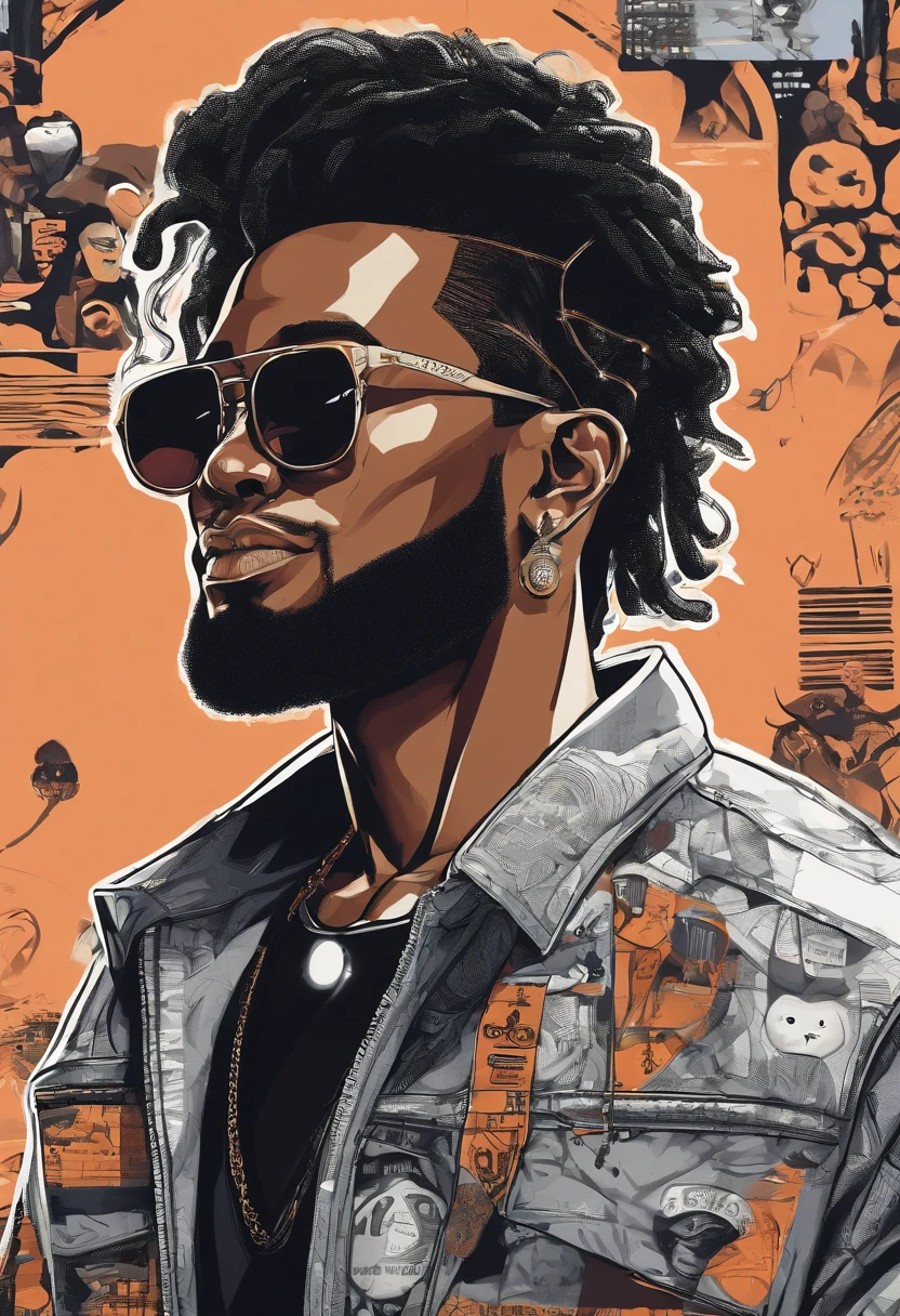 Asian manga-style drawing of a black man with sunglasses, an earring, long braids, and a stubble beard. Dressed in rock and roll style. Computer screens and hacker. Lots of technology