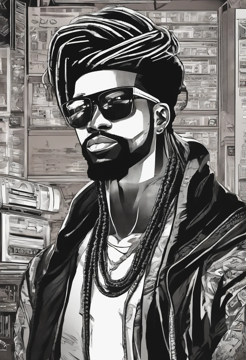 Asian manga-style drawing of a black man with sunglasses, an earring, long braids, and a stubble beard. Dressed in rock and roll style. Computer screens and hacker. Lots of technology