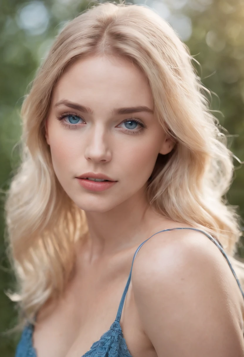 Women, Realistic characters，Bunky blonde hair, nude，Breast Show，Blue Eyes, Big breasts anime, alone, present, personality , thailand, full entire body