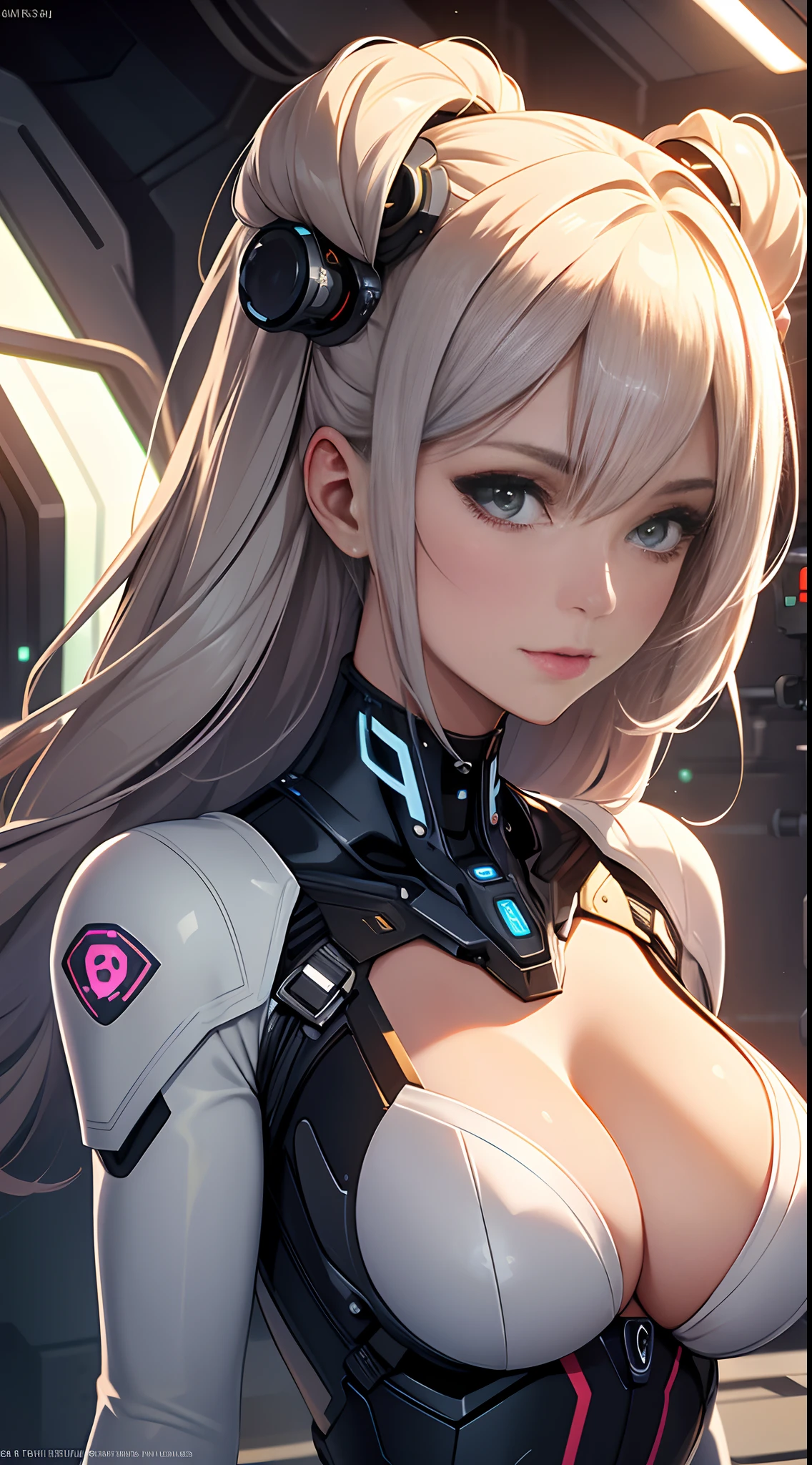 A close-up head and chest portrait of a pretty and cute woman, her chest adorned with pneumatic tubes that give her a unique and futuristic appearance. The highly detailed digital rendering captures every aspect of her beauty, from her delicate features to the intricate tubes.