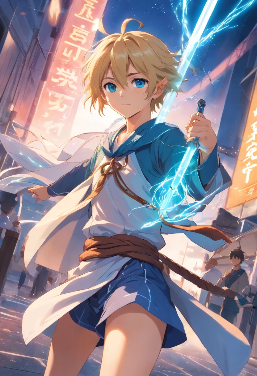 A full-length man, 24 years old, elf, blond hair tied up with loose strands, blue eyes and a lifeless face, he wears a worn white cape that wraps his entire body, he holds a sword in a fighting position, underneath the cape has leather clothes, on each side of the waist there is a sickle, and wrapped around the waist there is a chain, on the back there is a magic staff