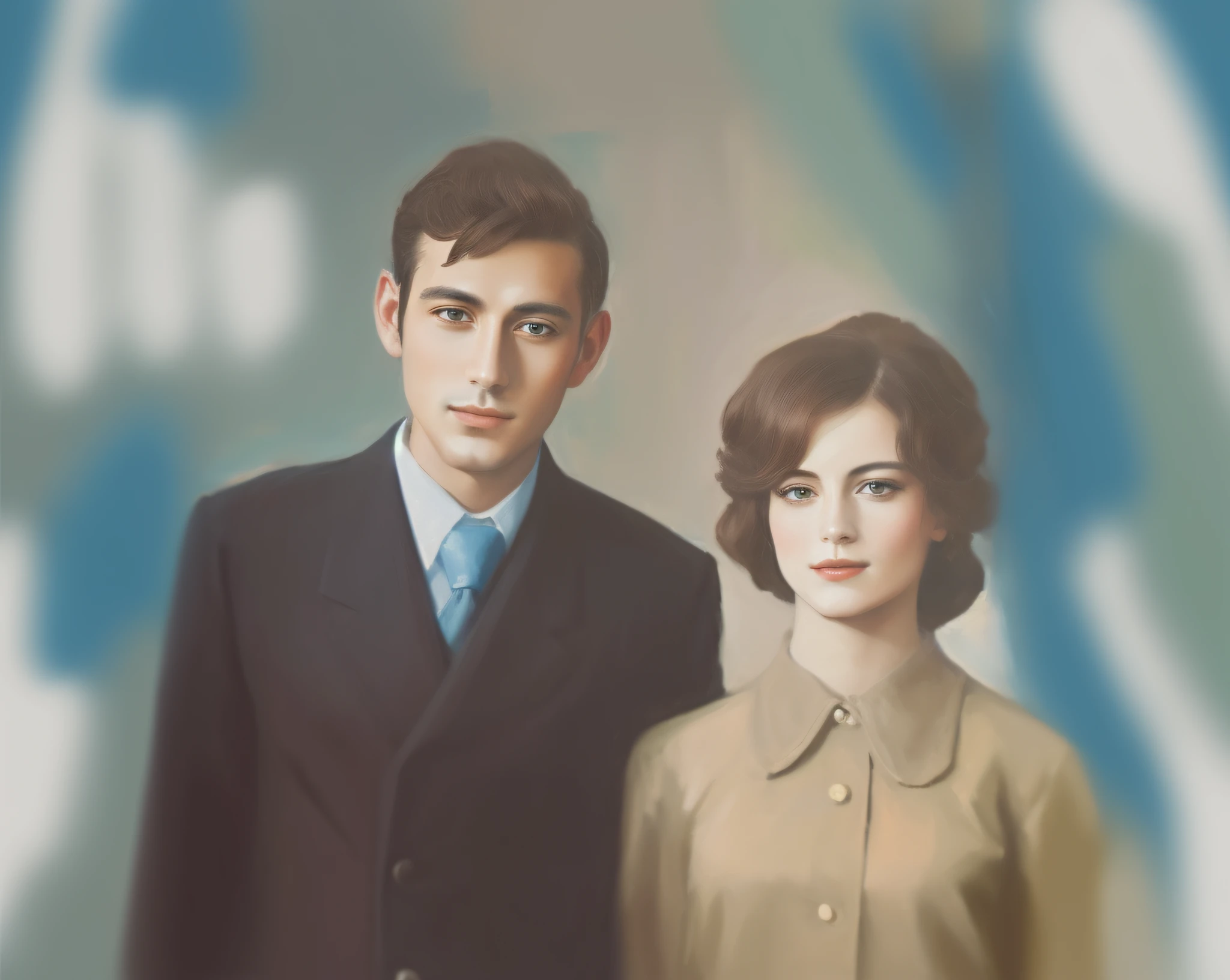 There is a man and a woman next to each other, taken in the early 1990s, the man in a white shirt with dark hair and eyes, the woman in the blue dress with dark hair and eyes, 4k, very detailed portrait, garden background, man in white shirt and woman in blue dress, realistic,man without beard and without mustache, dark blue dress,white shirt,woman with elegant face,slim