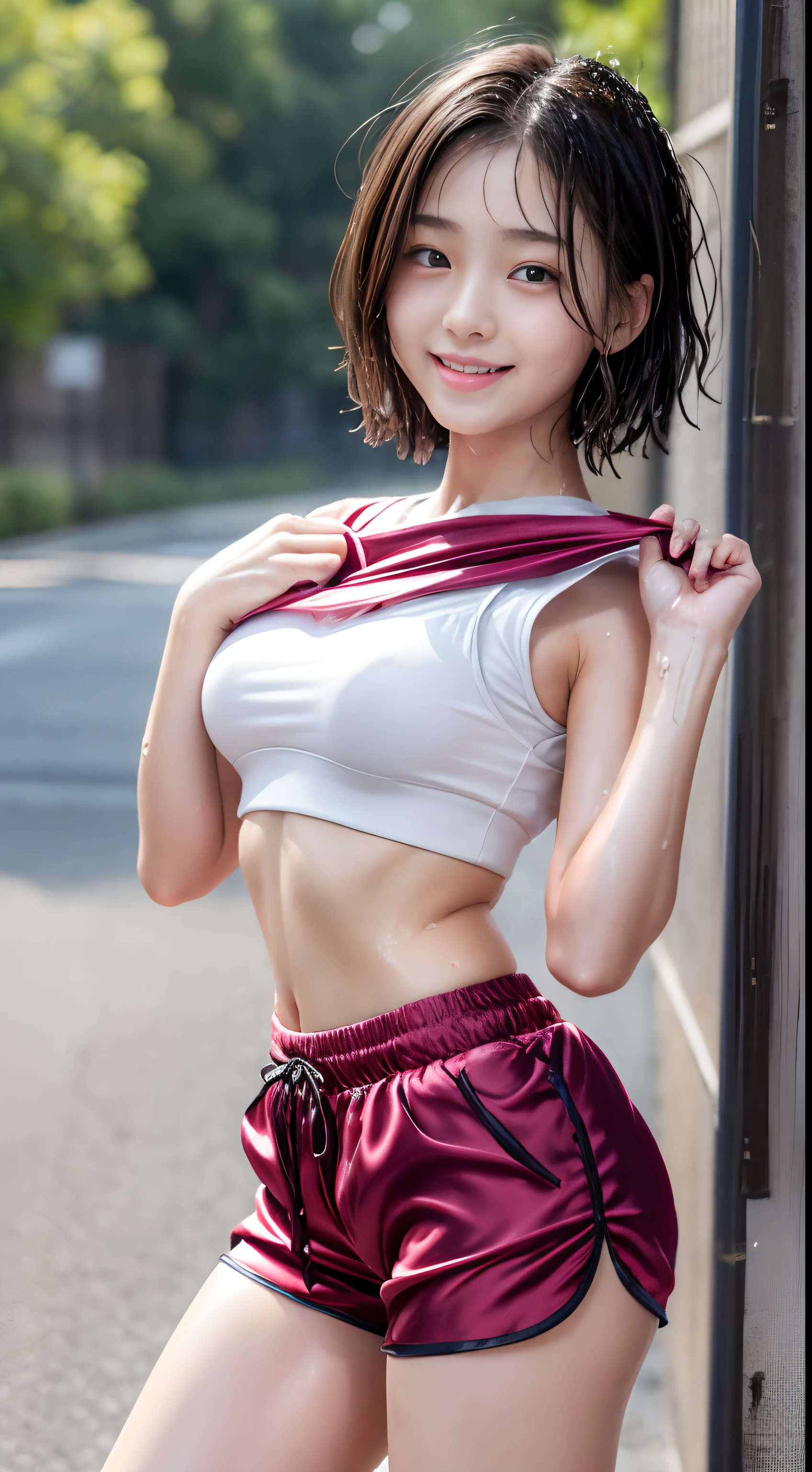 (masterpiece,top-quality,超A high resolution),A Japanese Lady, (((Very beautiful girl))), Kawaii Girl、View photographer、Front view, ((Shorthair)), hyper cute face, Glossy lips, Double eyelids in both eyes,Smiling smile、 Natural makeup, long eyelashes, Glossy and smooth hair quality、central image, Perfect limbs, Perfect Anatomy,(((Silk Shorts)))、(Sportsbra)Full body reflection,(((Wet with sweat))),