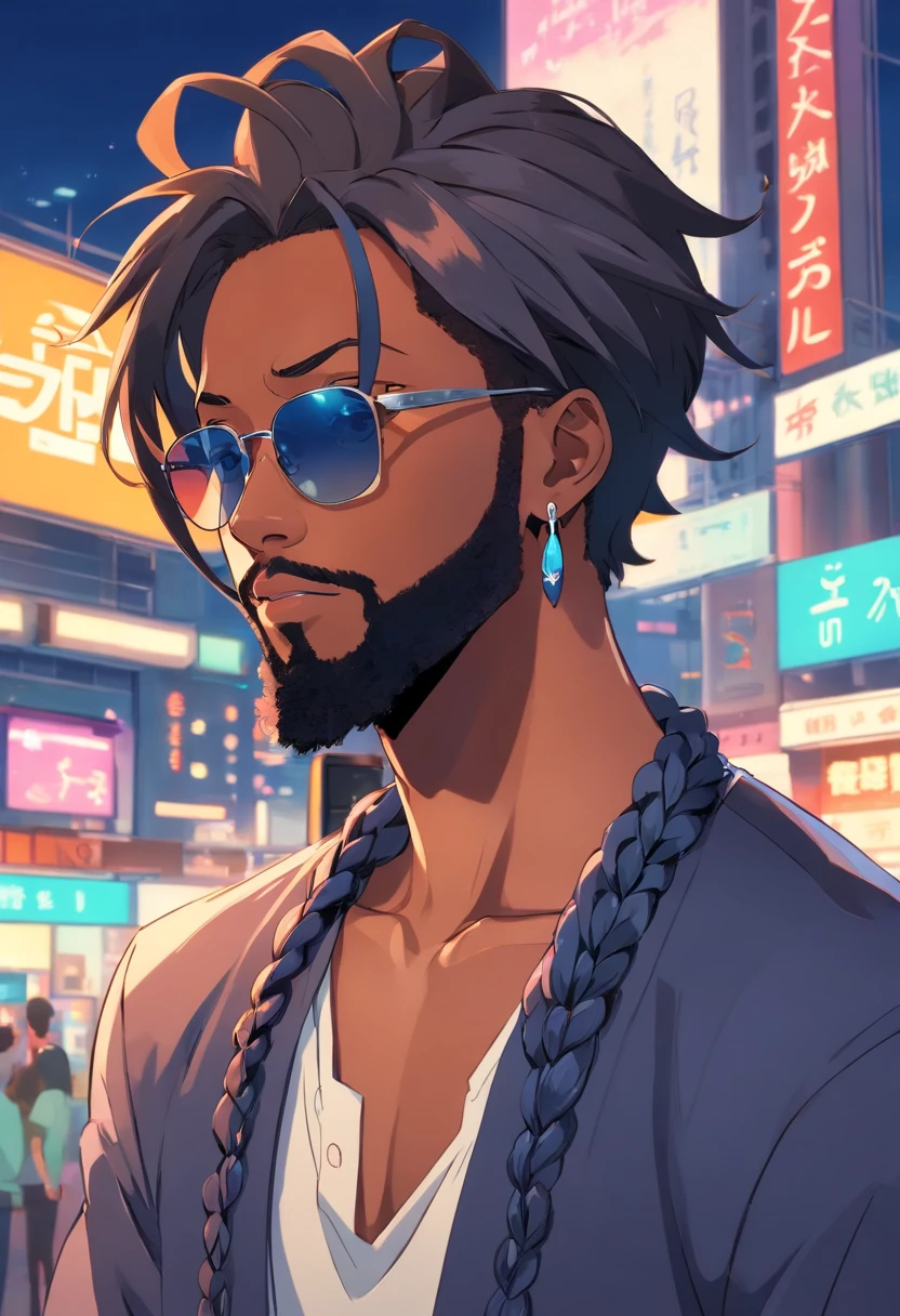 Asian manga-style drawing of a black man with sunglasses, an earring, long braids, and a stubble beard. Dressed in rock and roll style. Computer screens and hacker. Lots of technology