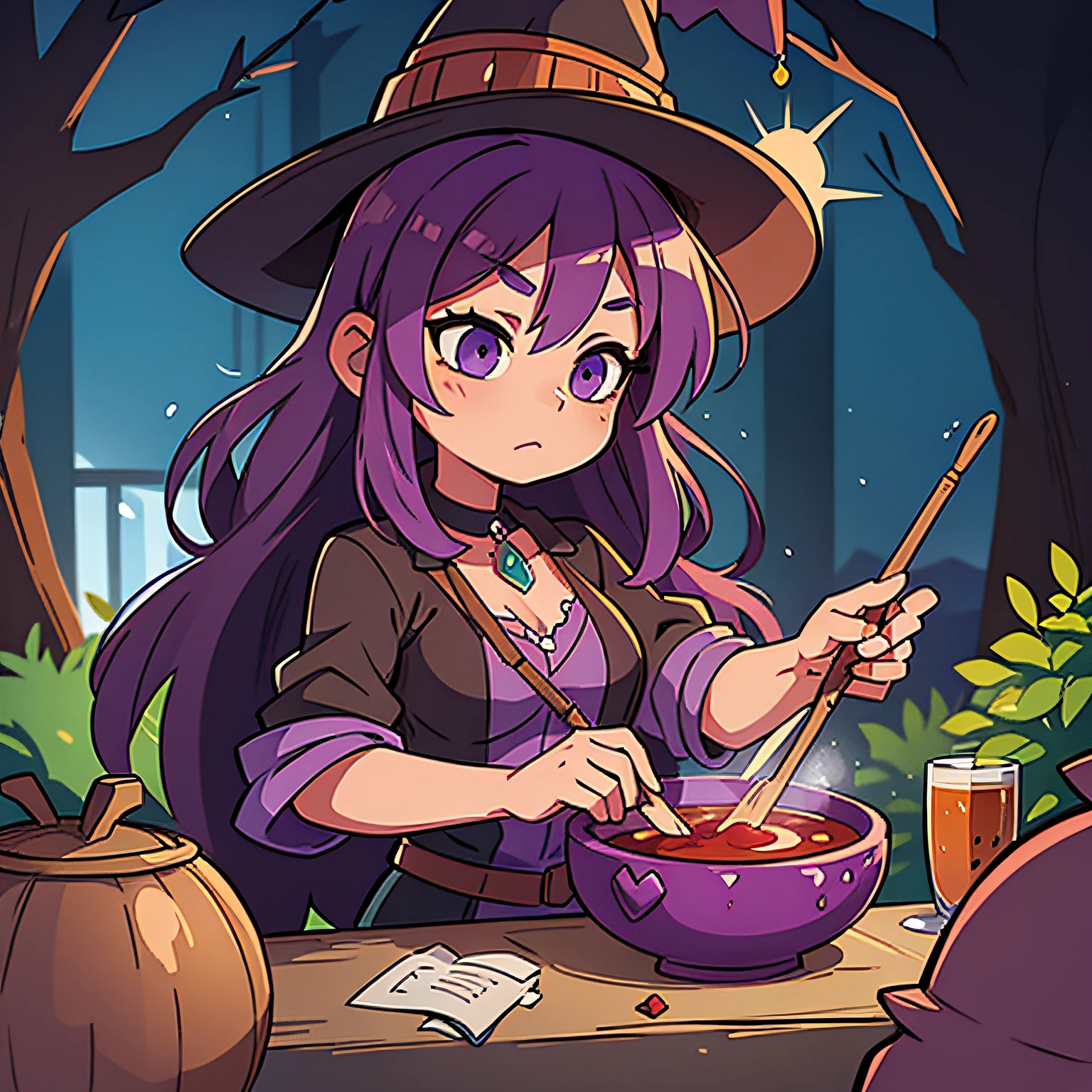 Purple witch brewing a potion in a large cauldron