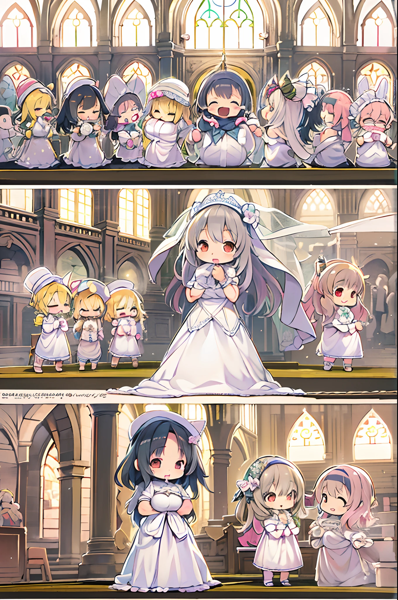 High resolution, Best Quality, masutepiece, Ultra high definition, Ultra high definition, .。.3D, Anime, Illustration, In a church、wedding hall、Two women in wedding dresses、2girls,girl1:bbw、huge-breasted、、Chibi adorable,Black hair,Bob-cut hair,huging、stare、weddingdress、Girl 2:adolable,A pink-haired,Long grey hair,huge-breasted、huging、stare、weddingdress、Chibi